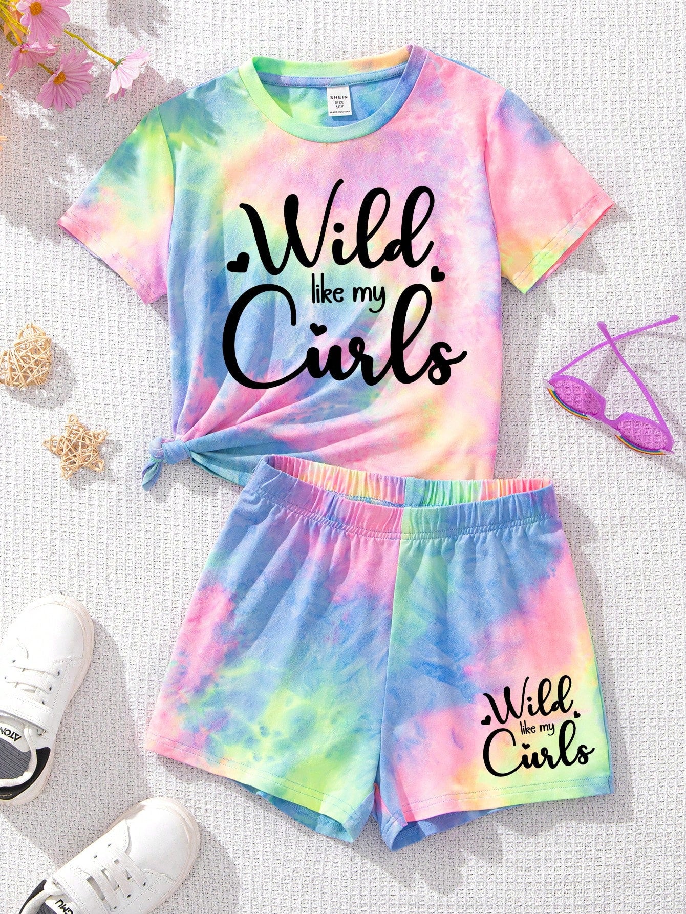 Tween Girl's Casual Tie-Dye Pattern Short Sleeve T-Shirt And Shorts Set For Summer