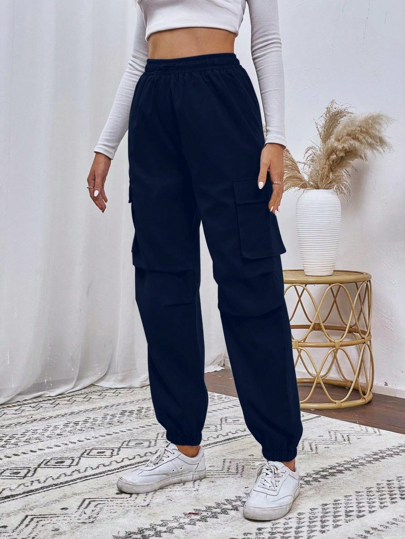 Drawstring Waist Cargo Long Pants