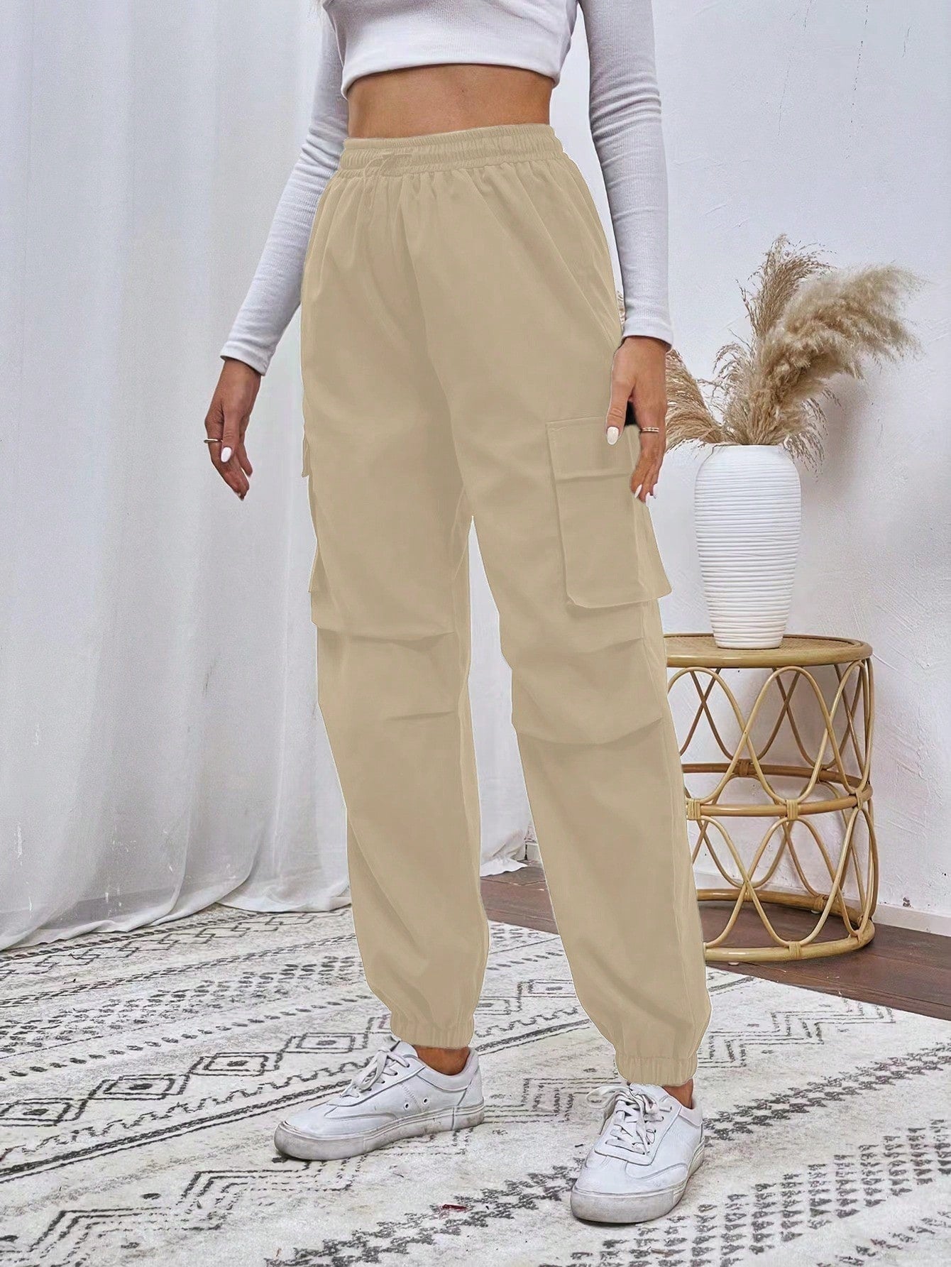 Flap Pocket Drawstring Waist Cargo Pants