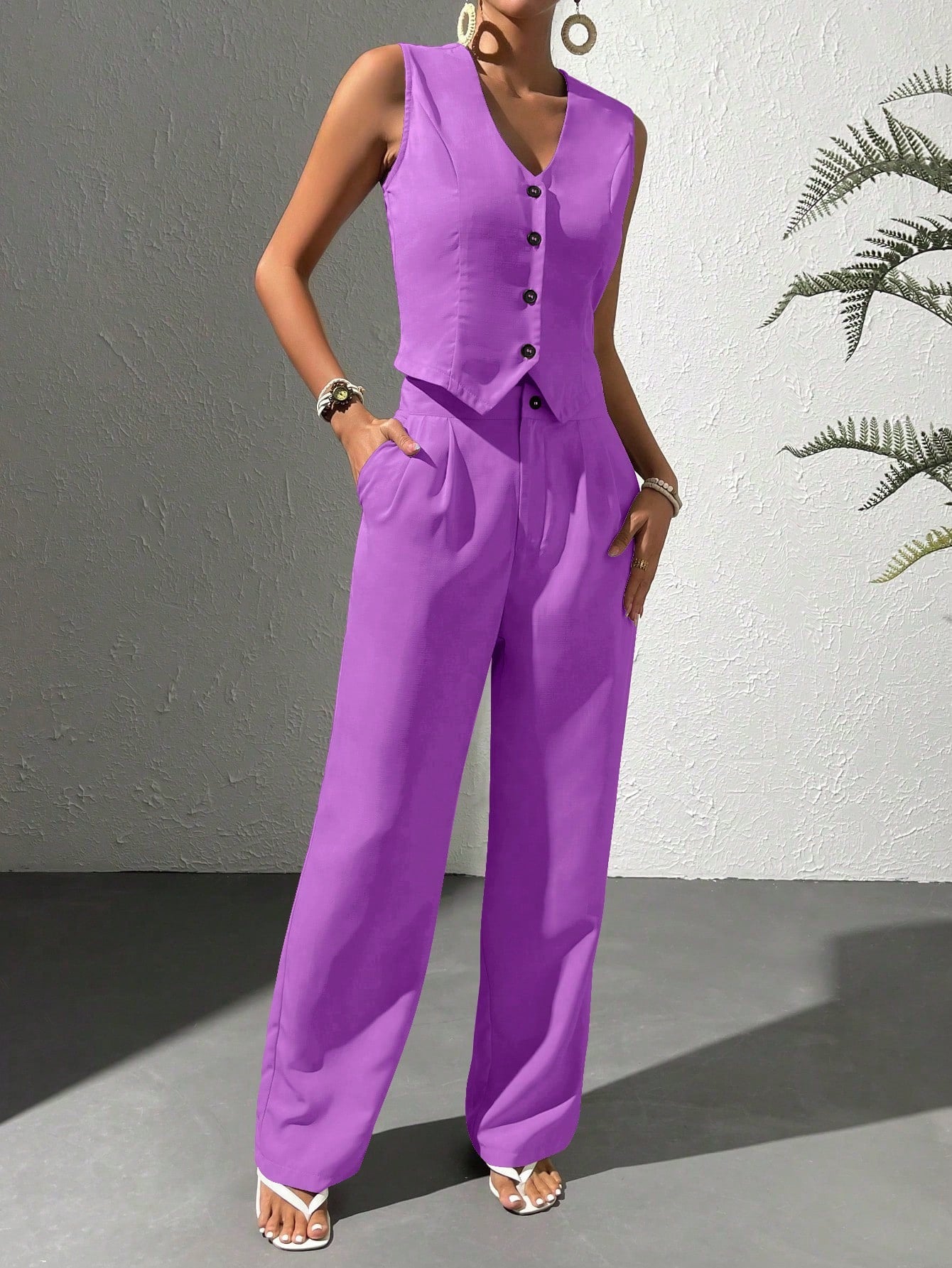 Solid Button Front Vest Blazer & Wide Leg Pants