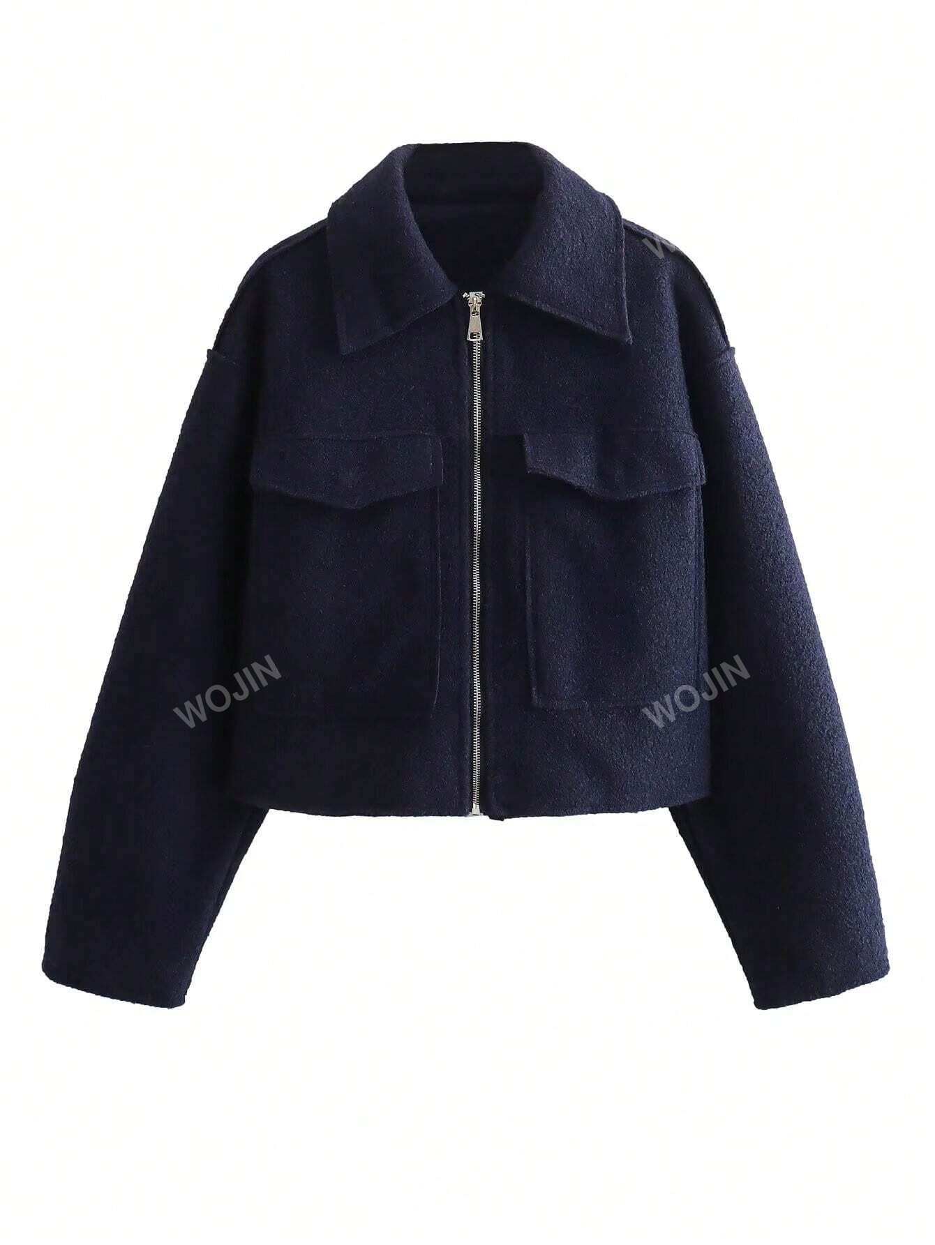 Women Simple Solid Color Woolen Jacket Top