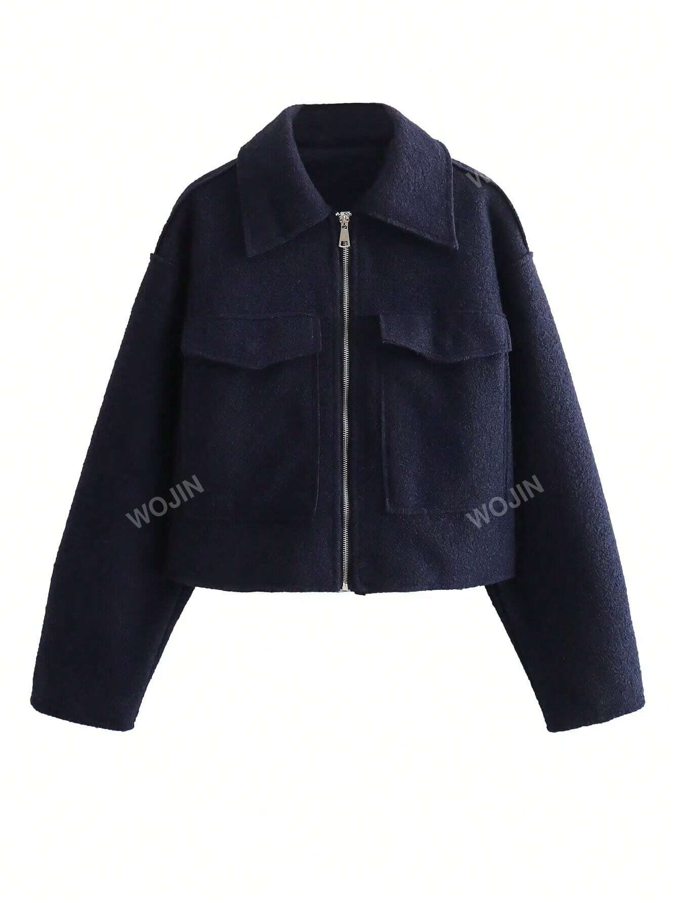 Women Simple Solid Color Woolen Jacket Top