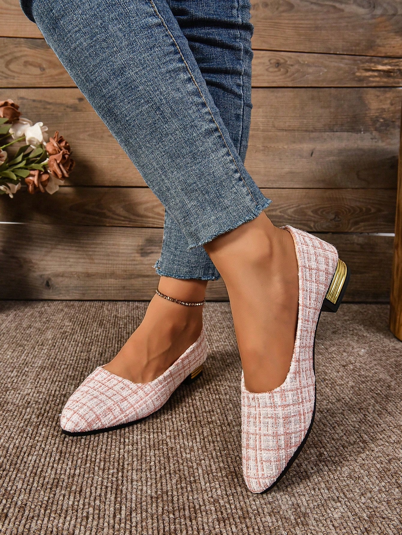 Women's Checkered Slip-On Shoes With Chunky Heel For Summer Korean Style