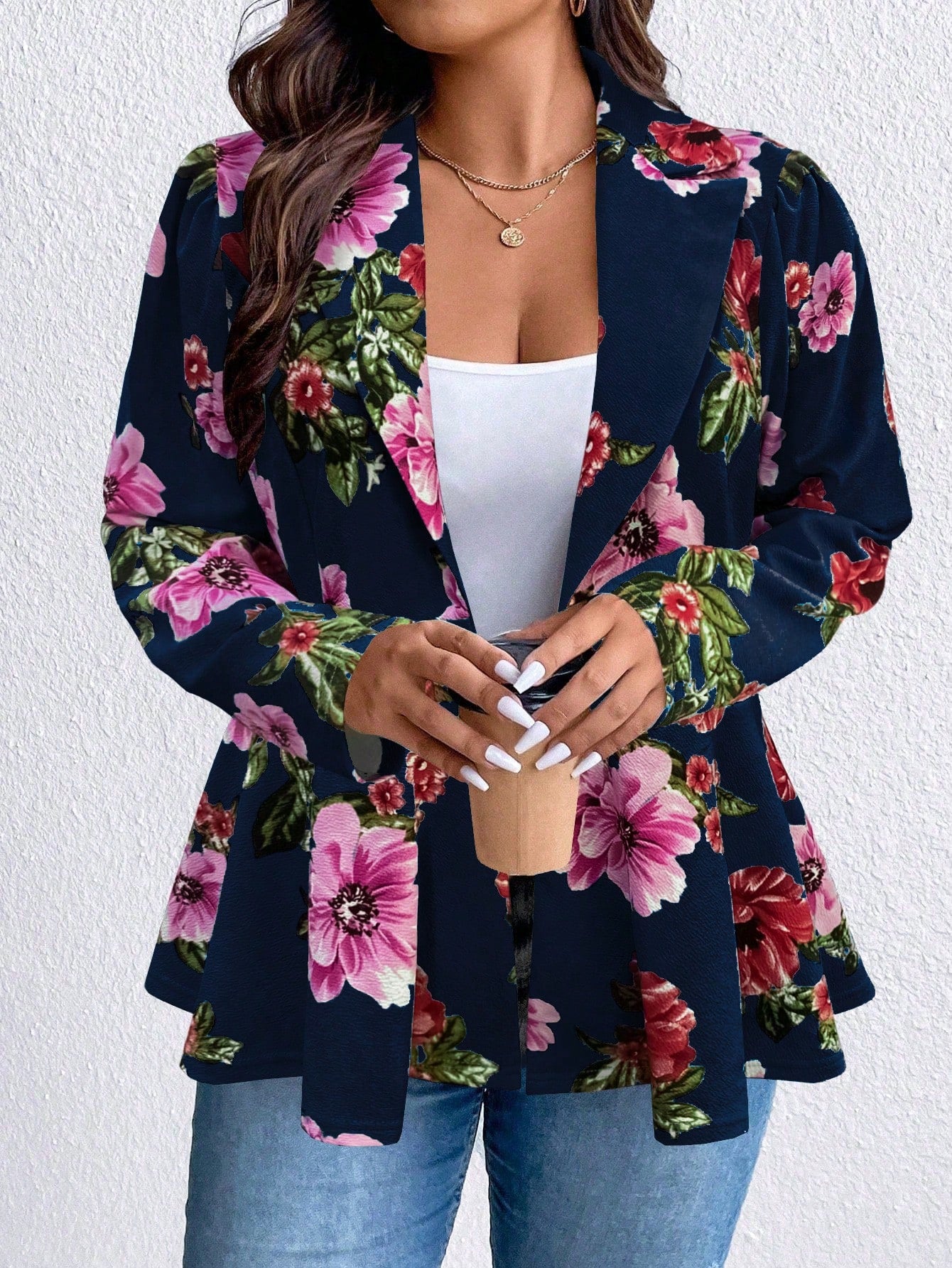 Plus Floral Print Lapel Collar Blazer