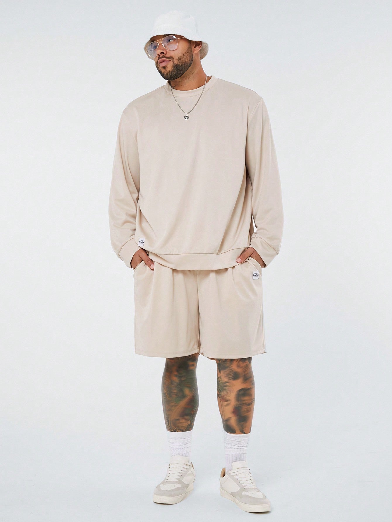 2pcs Men's Plus Size Knitted Crew Neck Long Sleeve Oversized Sweatshirt With Drawstring Waist Straight Shorts, Suitable For Everyday Wear