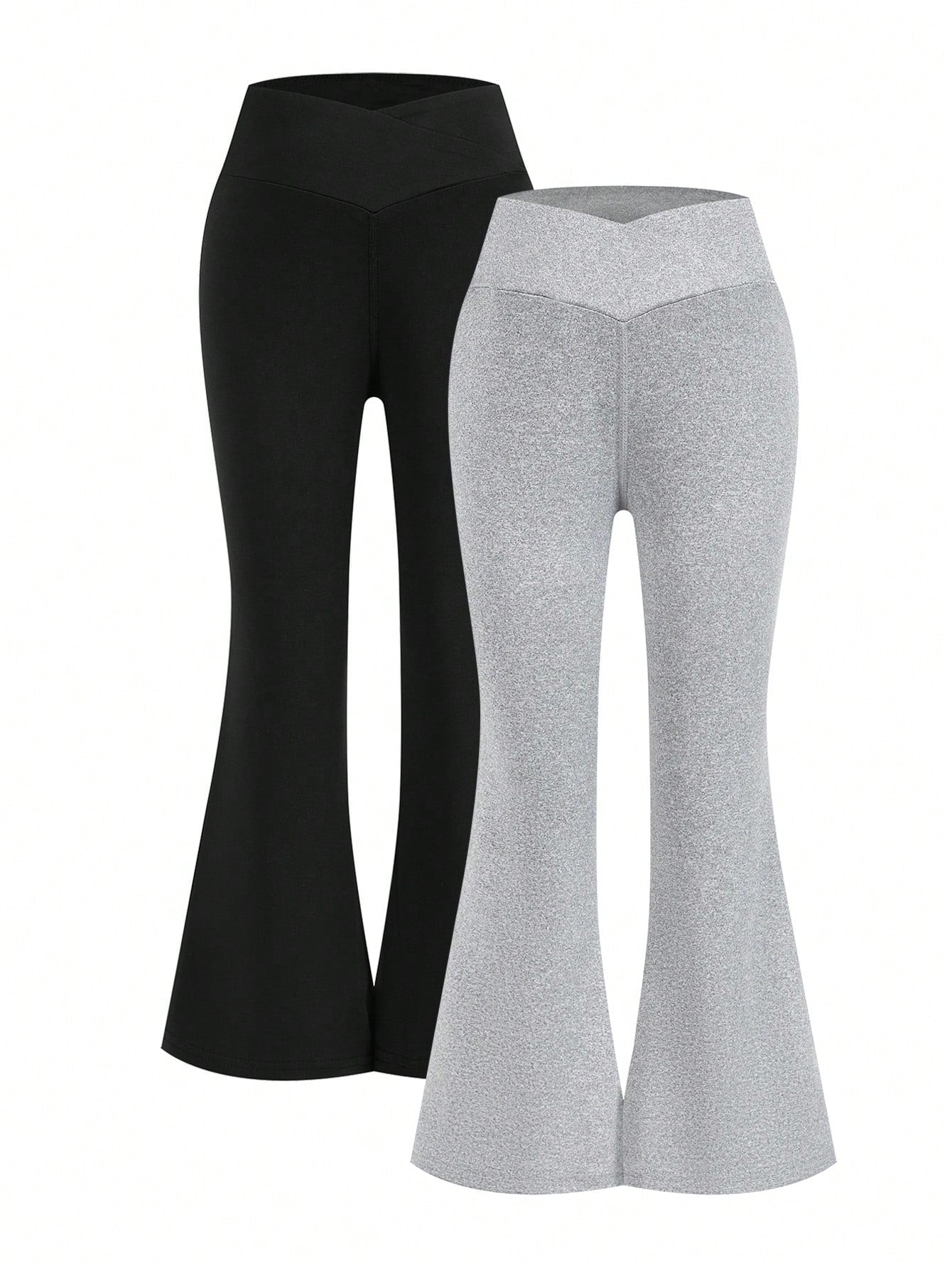 Girls' Black/Grey Two-Piece Set Of Flared Pants, High Waist, High Elasticity, Classic And Versatile Trousers