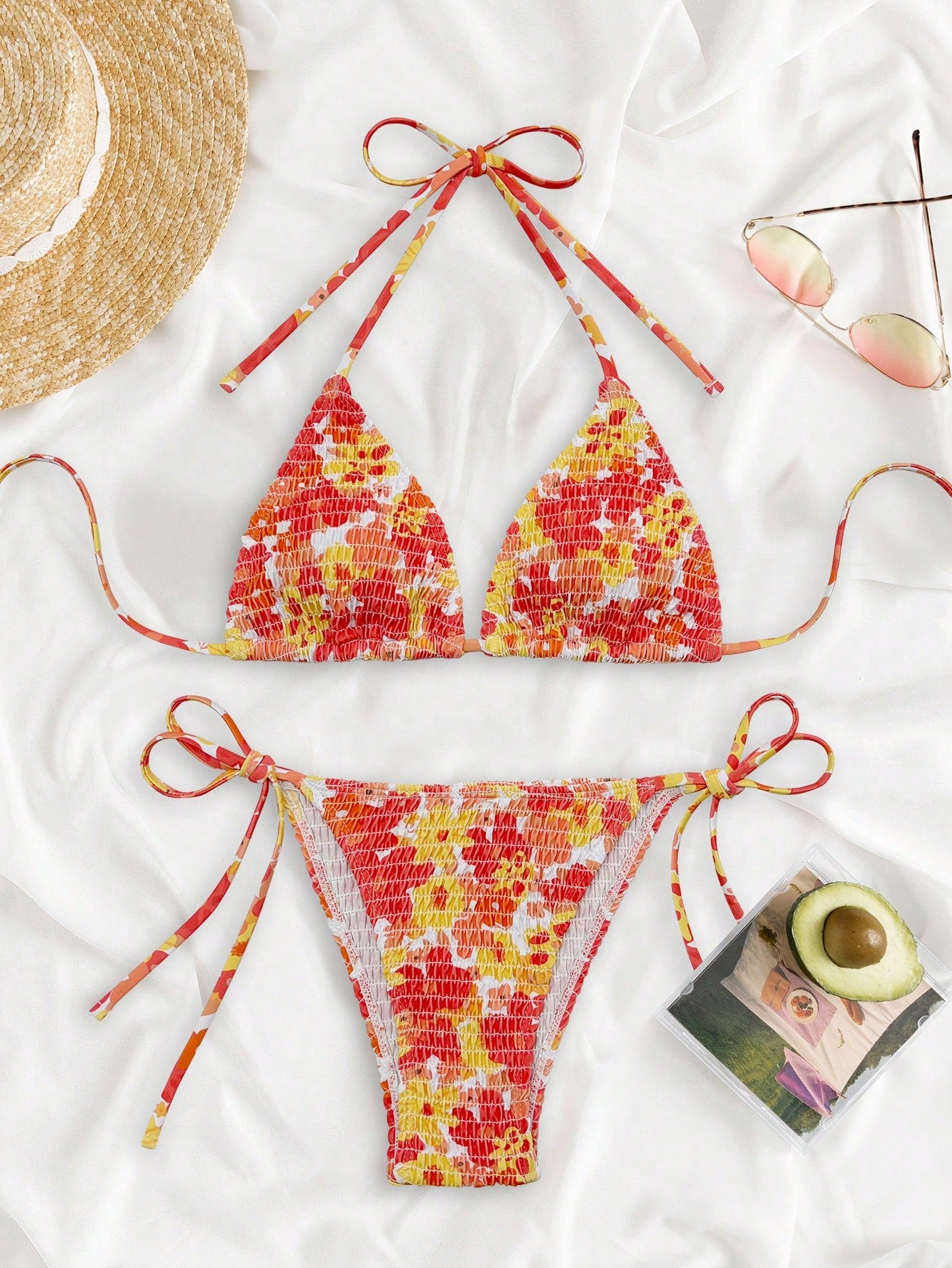 Swim Mod Summer Beach Random Floral Print Bikini Set Smocked Halter Triangle Bra Top & Tie Side Bikini Bottom 2 Pieces Bikini