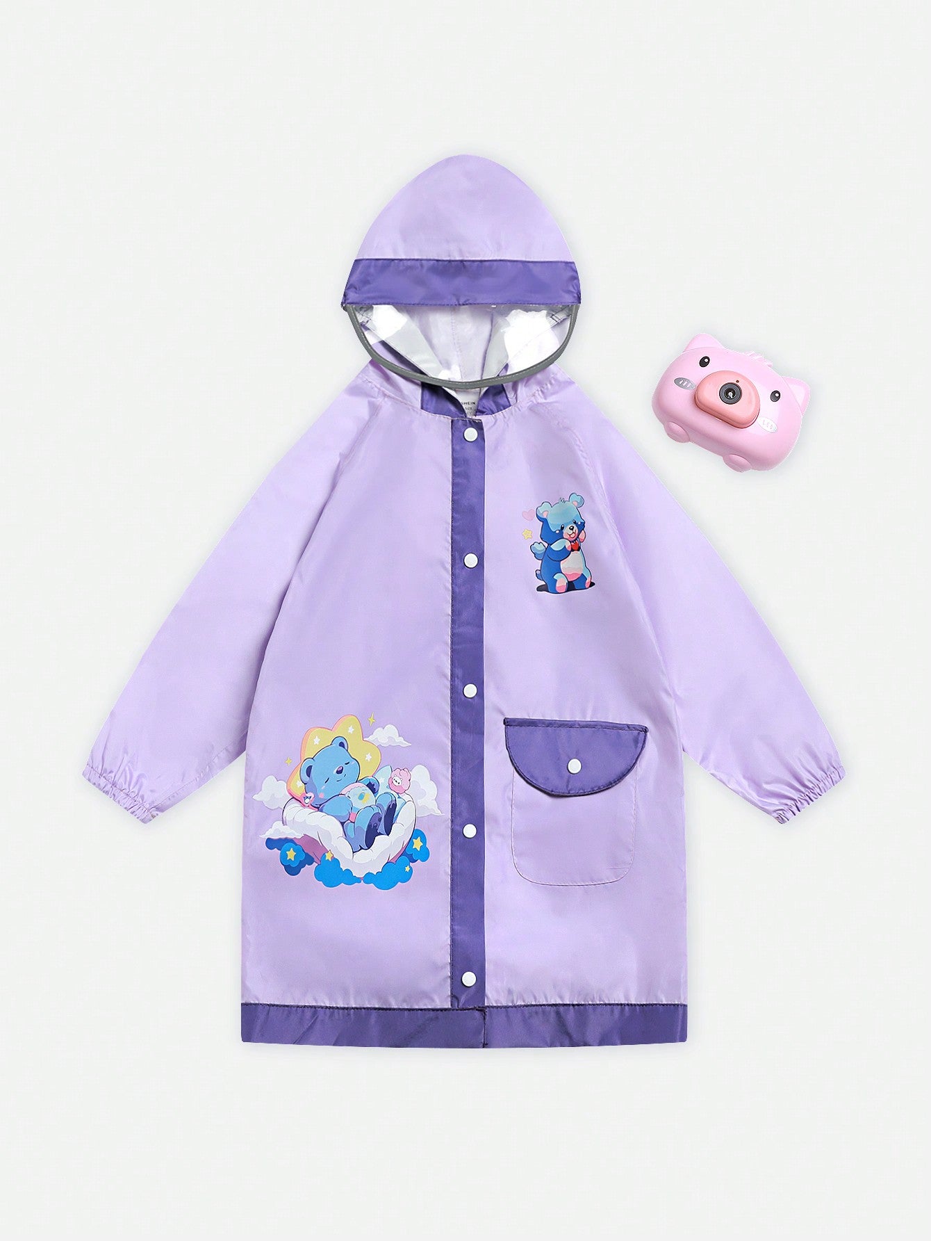 Girls' Purple Simple Bear Printed Long Sleeve Hooded Raincoat For Kids