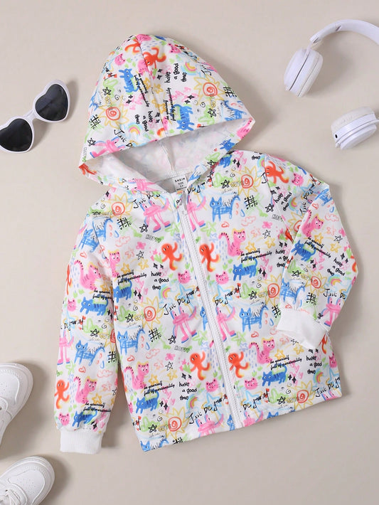 Toddler Girls Cute Cartoon Printed Zipper Hooded Jacket, Fall/Winter Outerwear