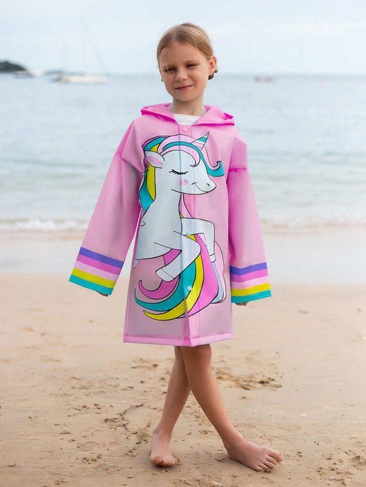 Girls' Cute Rainbow Unicorn Multicolored Striped Printed Waterproof Raincoat/Rain Poncho, For All Seasons, Suitable For Hiking & Outdoor Activities