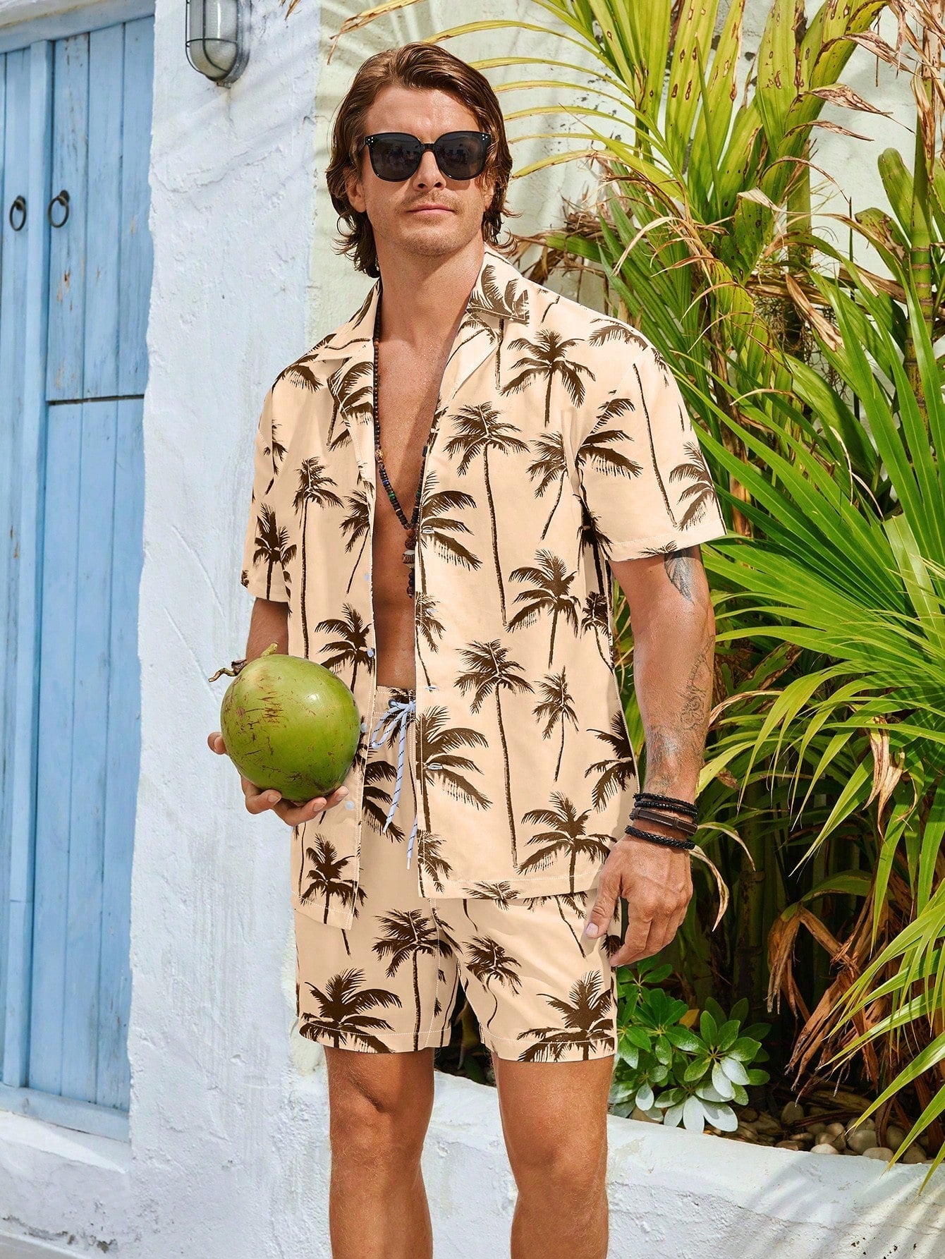 Men's Coconut Tree Printed Short Sleeve Shirt And Long Pants Beach Vacation Casual Set