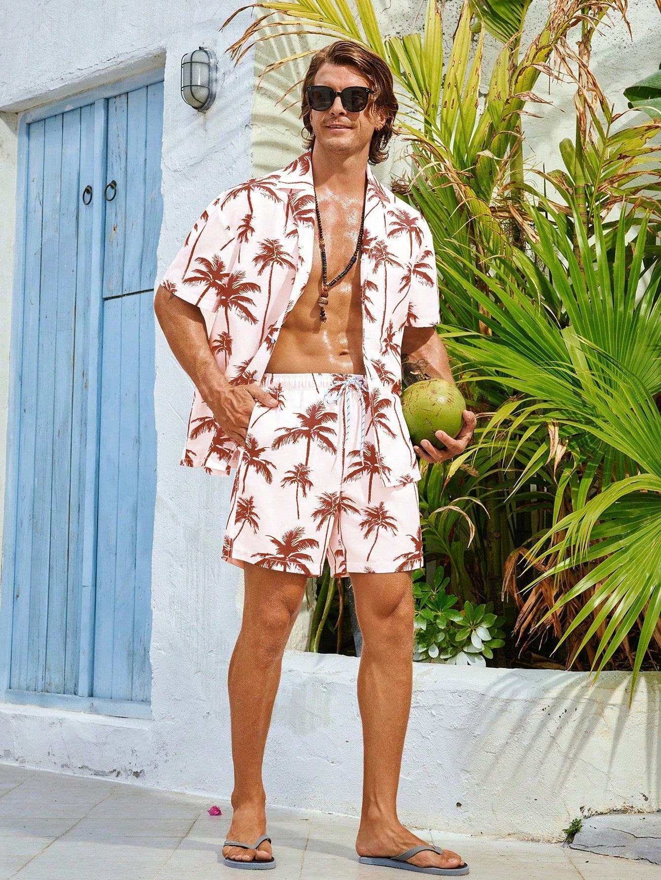 Men's Coconut Tree Printed Short Sleeve Shirt And Long Pants Beach Vacation Casual Set