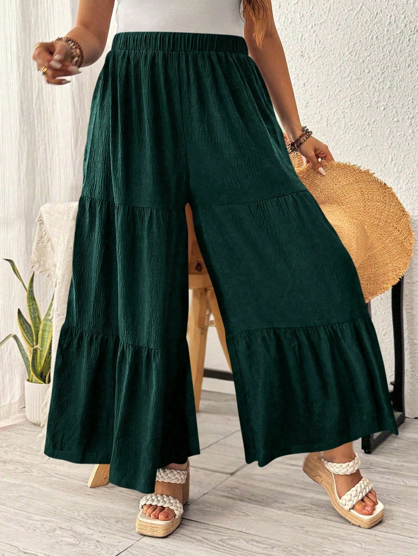 Plus Size Women's Solid Color Simple Loose Wide Leg Pants For Daily Wear