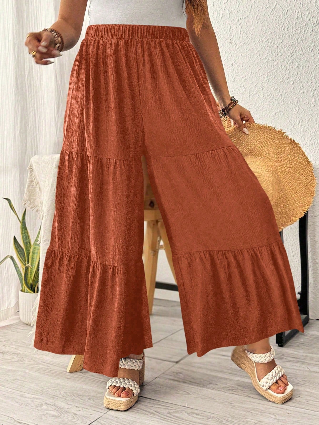 Plus Size Women's Solid Color Simple Loose Wide Leg Pants For Daily Wear