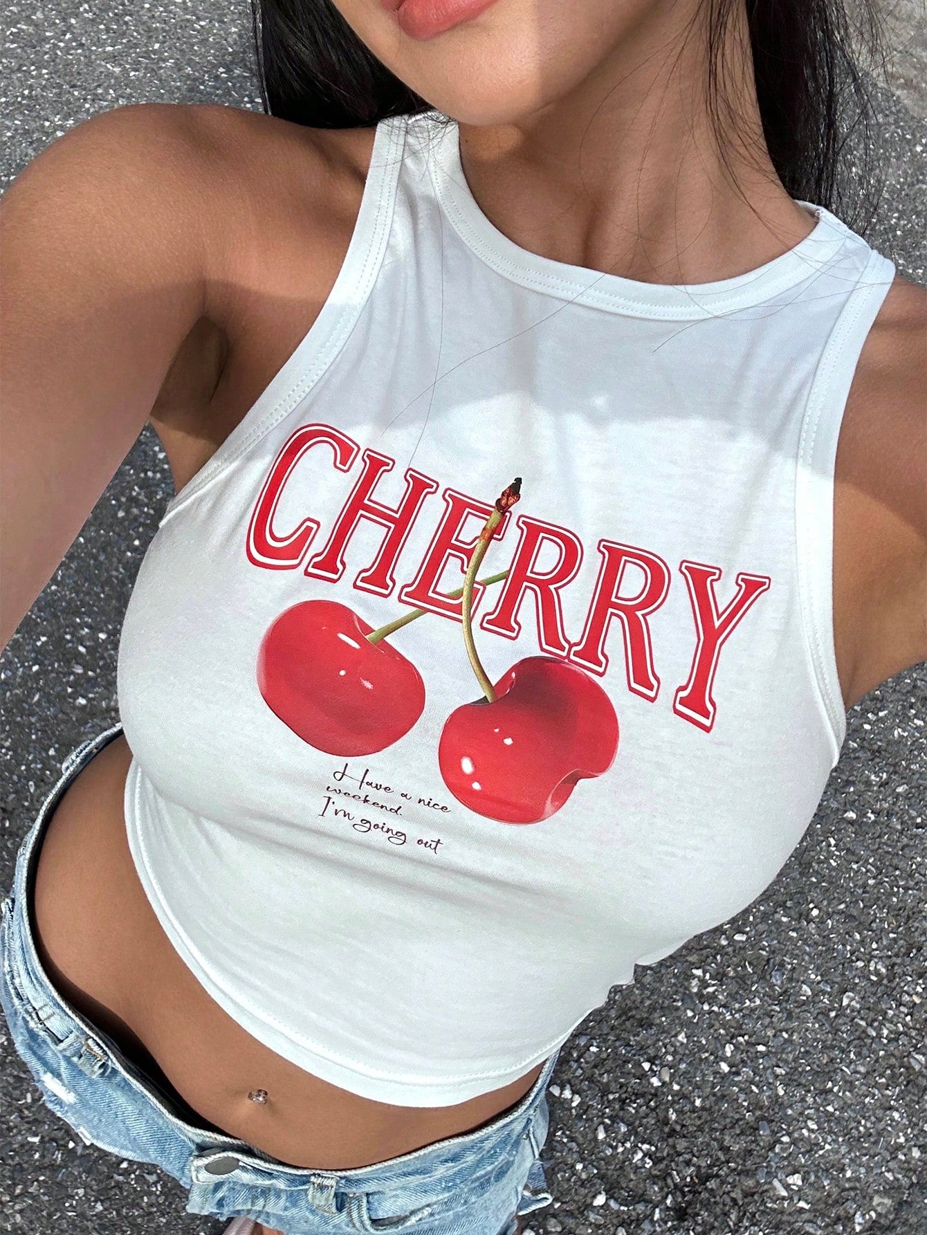 Women's Pink Cherry Pattern Casual Simple Slim Fit Crop Tank Top, Suitable For Summer CHERRY Have A Nice Weekend. I'm Going Out