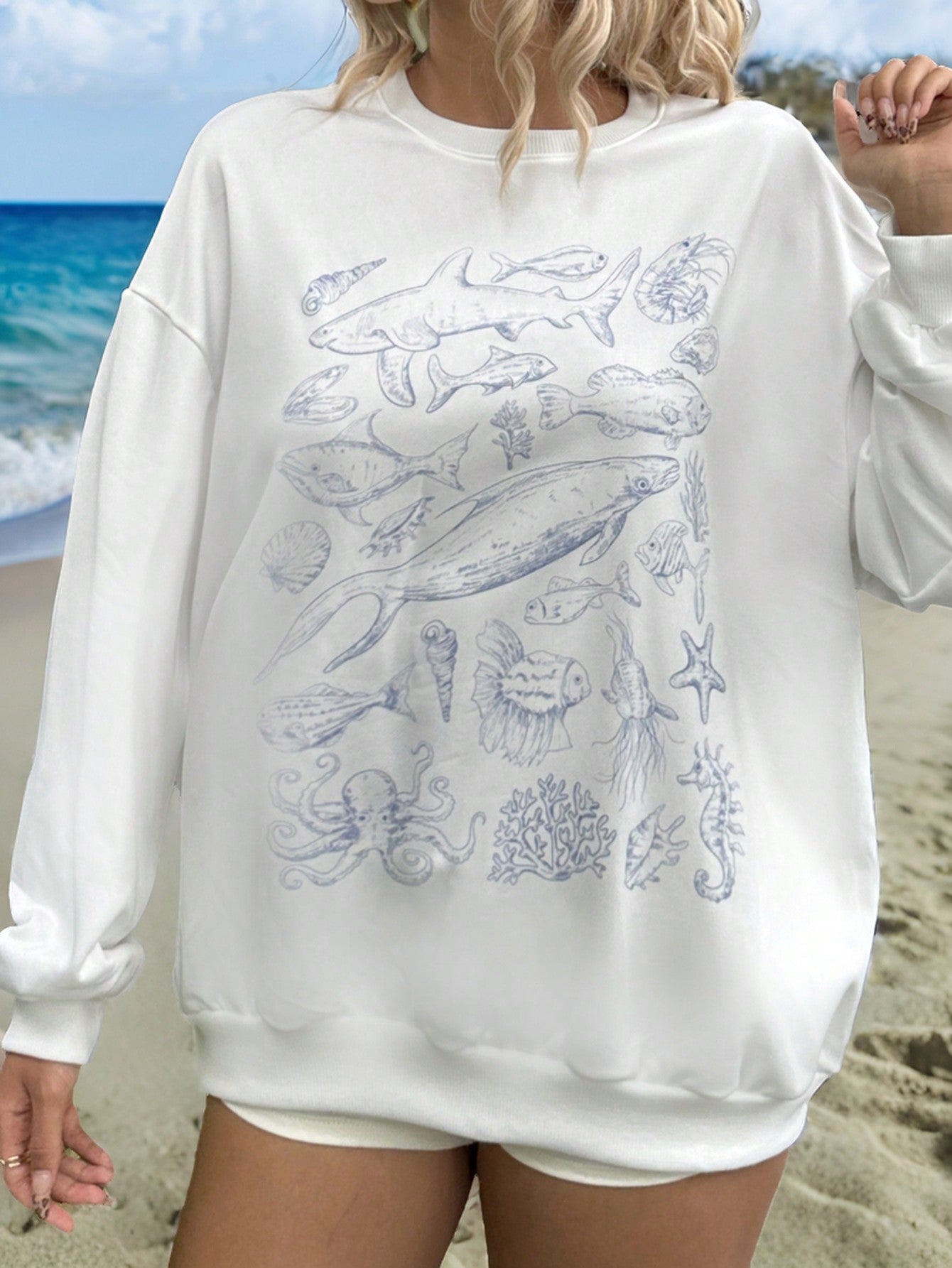 Floral Printed Casual Round Neck Casual Women's Sweatshirt, Ideal For Autumn/Winter Beach Vacation