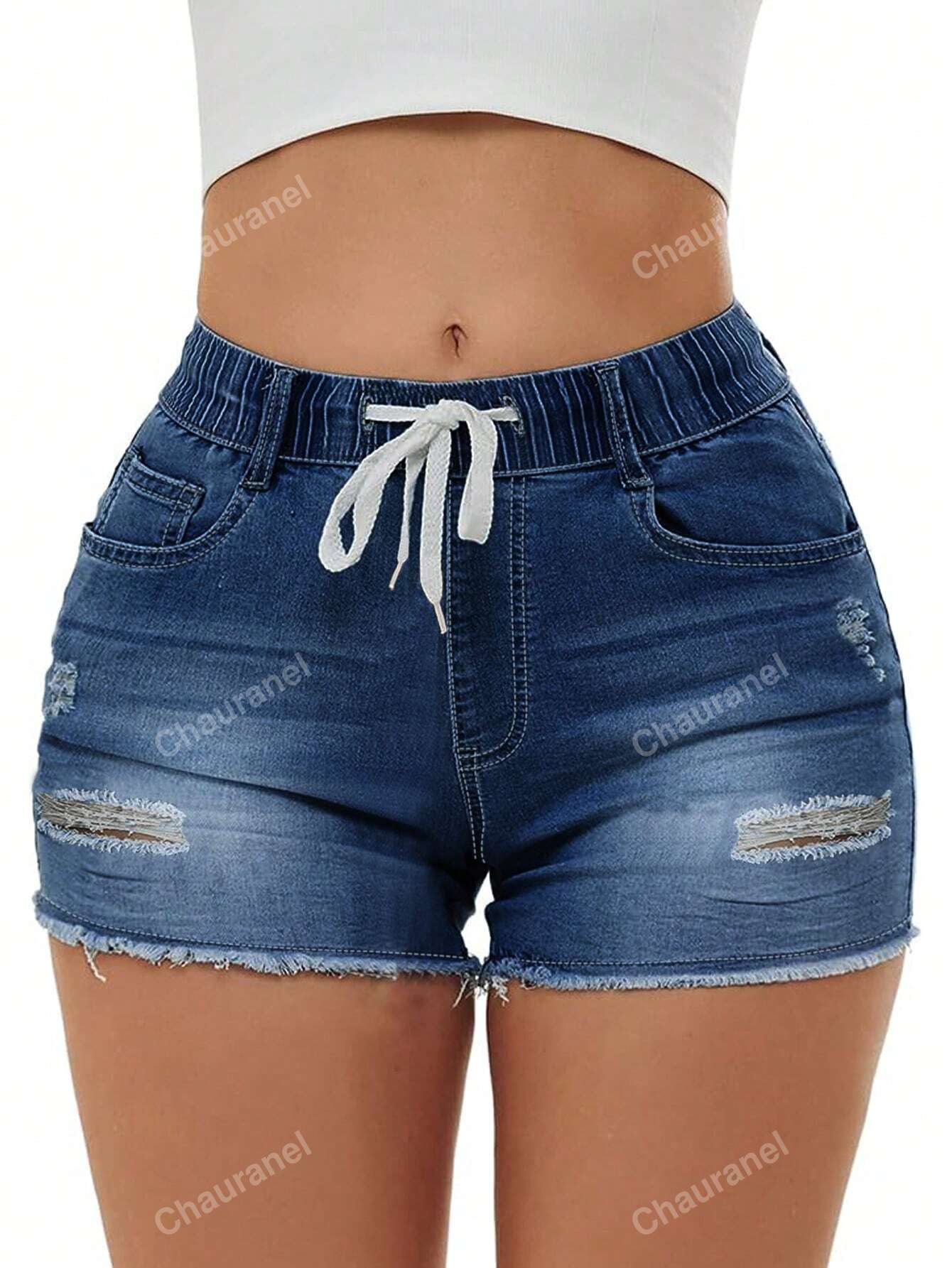 Women\ Distressed Denim Shorts With Elastic Waist And Drawstring, Frayed Hem And Stretchy Fabric