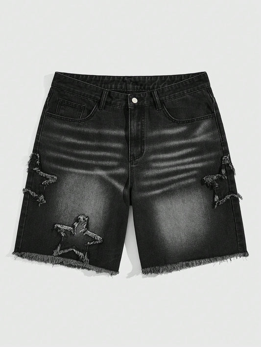 Men's Pentagram Denim Shorts, Suitable For Daily Wear In Spring And Summer