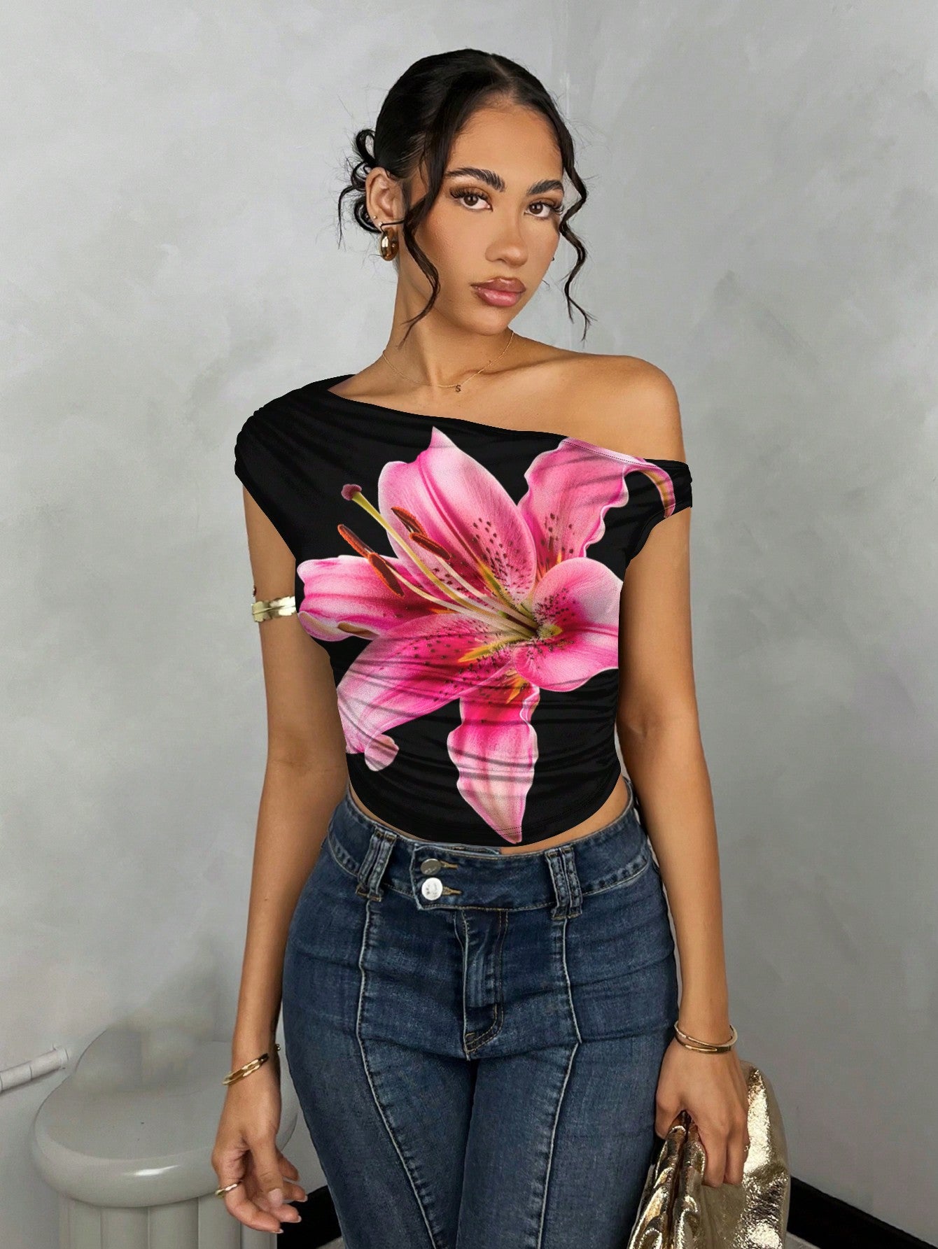 Women's Floral Printed Ruched Asymmetric Asymmetrical Neck Summer Top