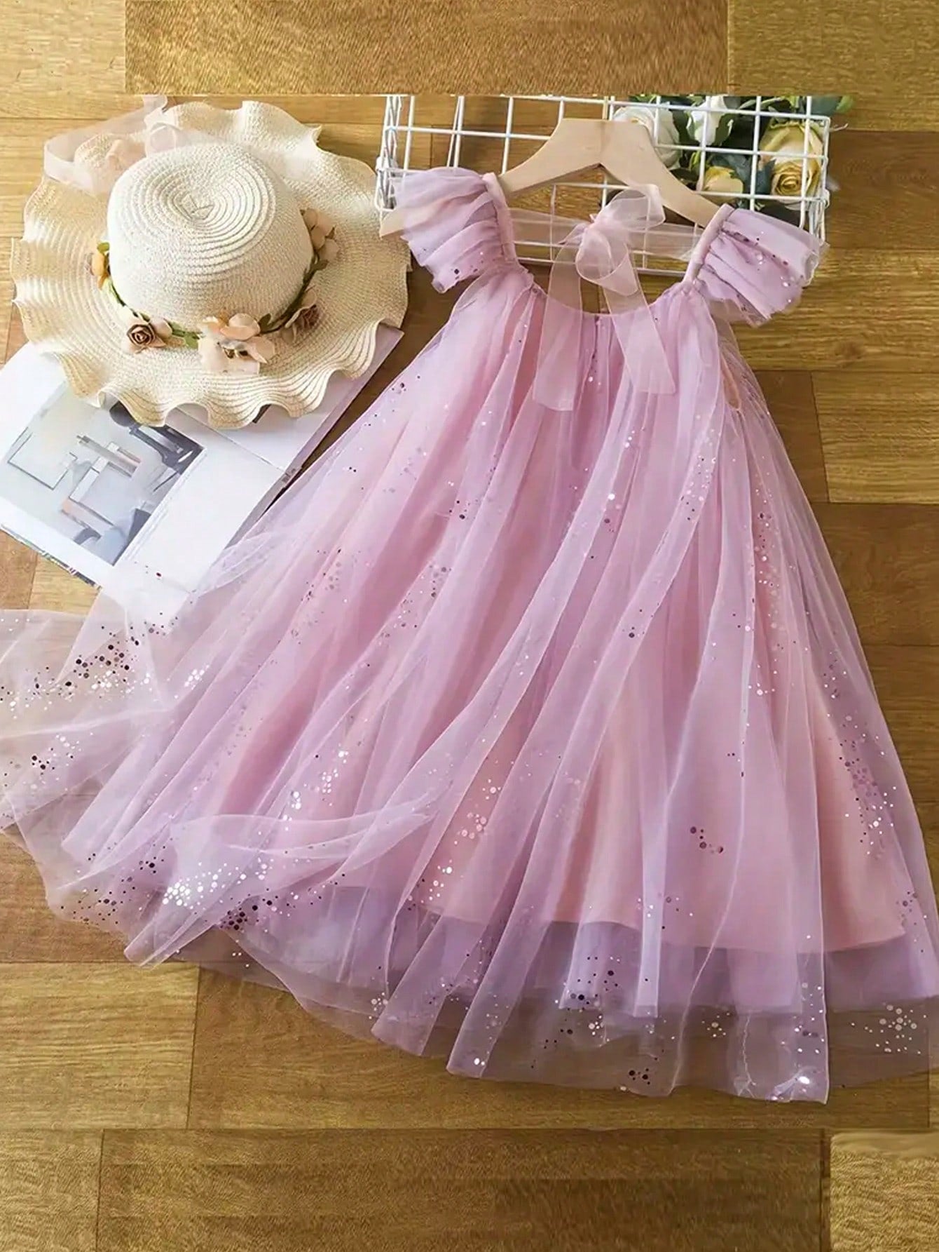 Young Girl 1pc Elegant, Lovely, Sweet Princess Dress With Bow Belt, Sparkling Sequins, Mesh And Tulle Material, Ideal For Parties, Beach, Birthdays, Spring/Summer Season