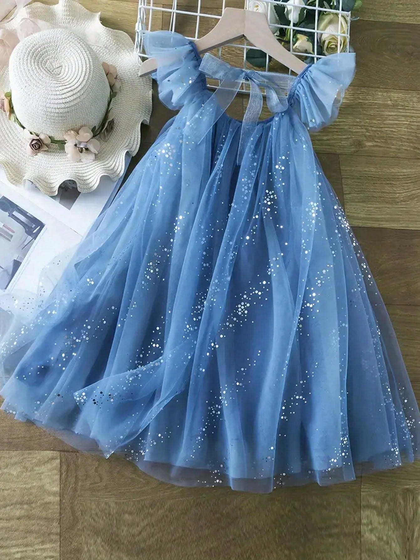 Young Girl 1pc Elegant, Lovely, Sweet Princess Dress With Bow Belt, Sparkling Sequins, Mesh And Tulle Material, Ideal For Parties, Beach, Birthdays, Spring/Summer Season