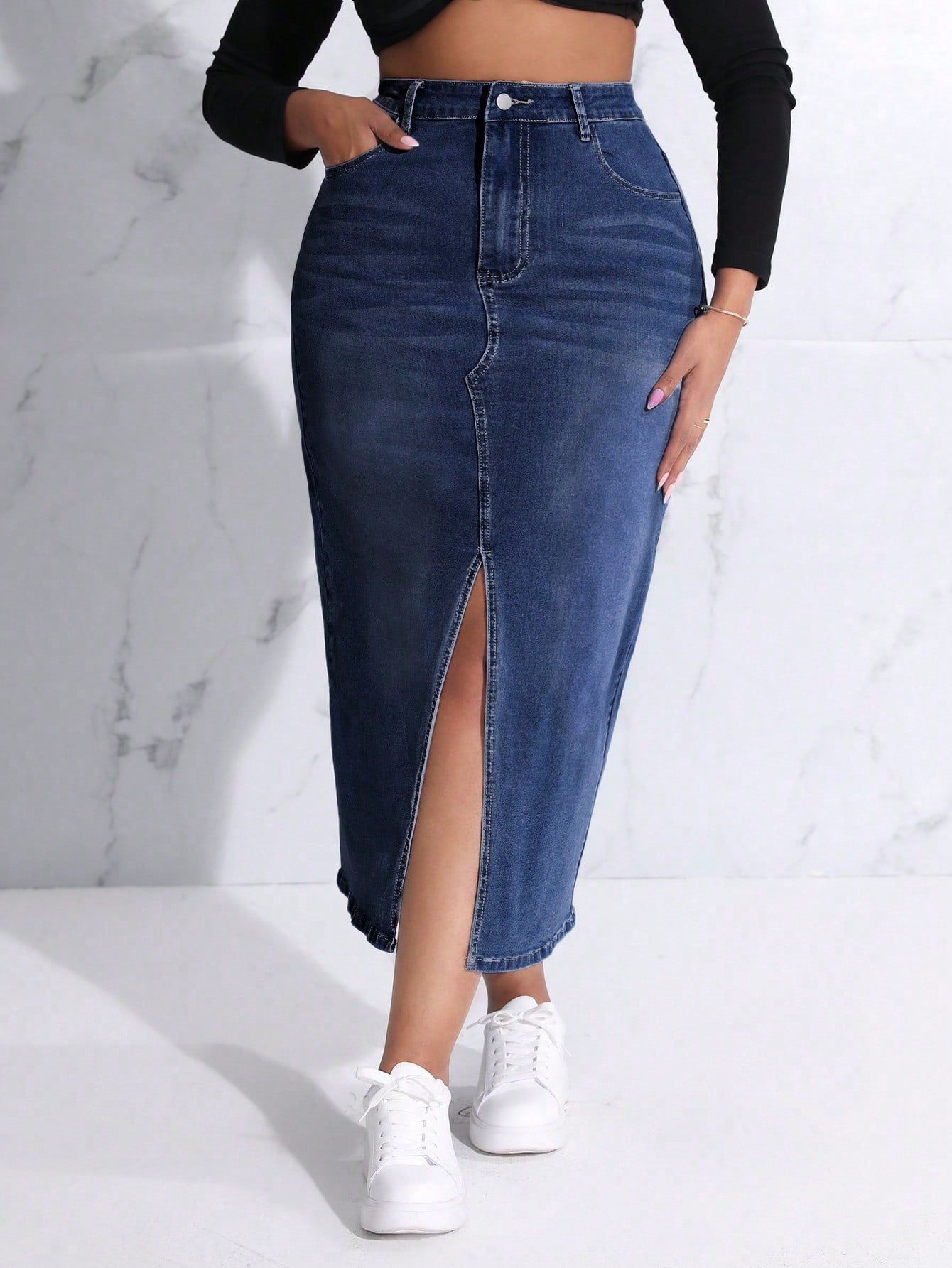 Plus Size Slit Denim Skirt