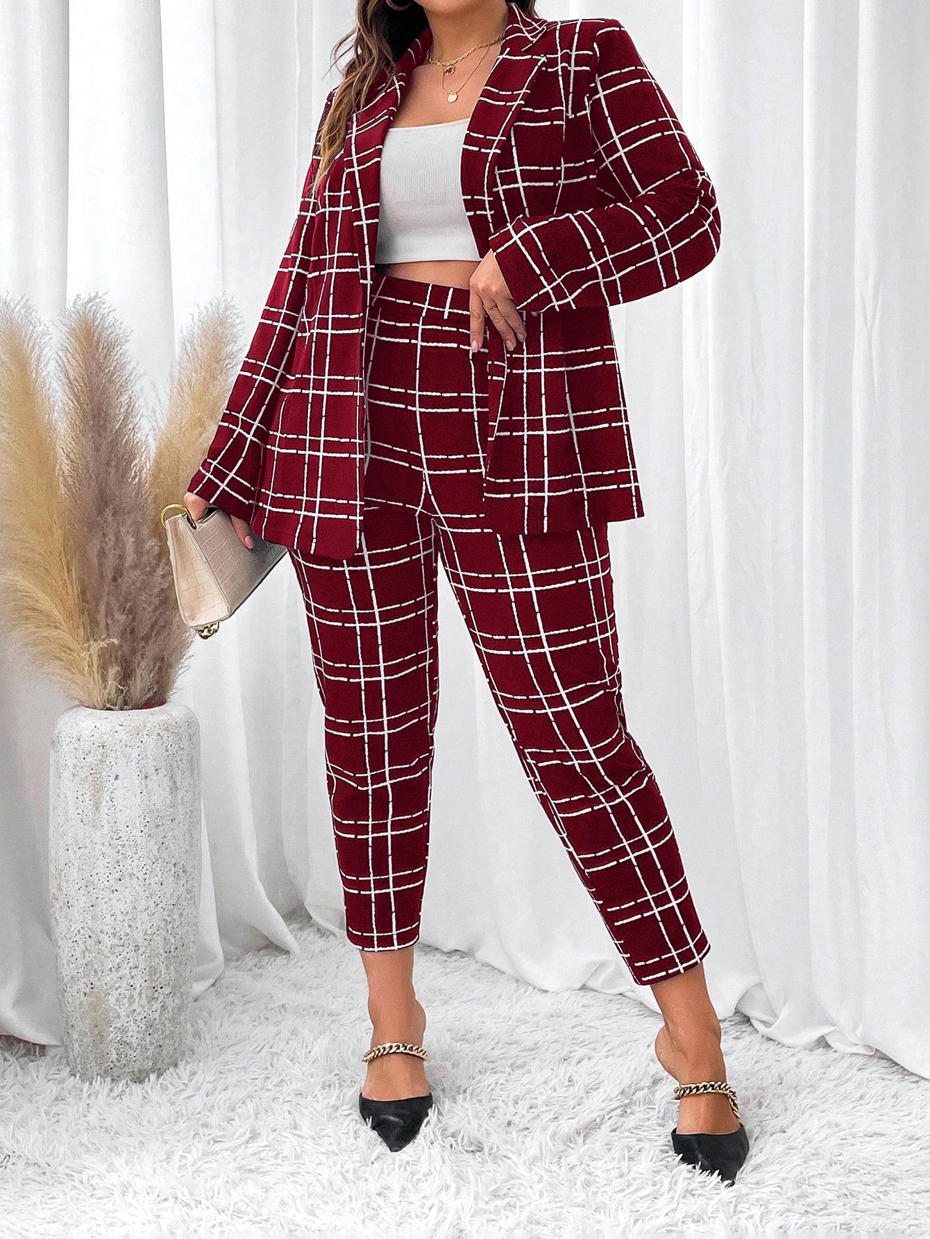 Plus Plaid Print Blazer & Pants