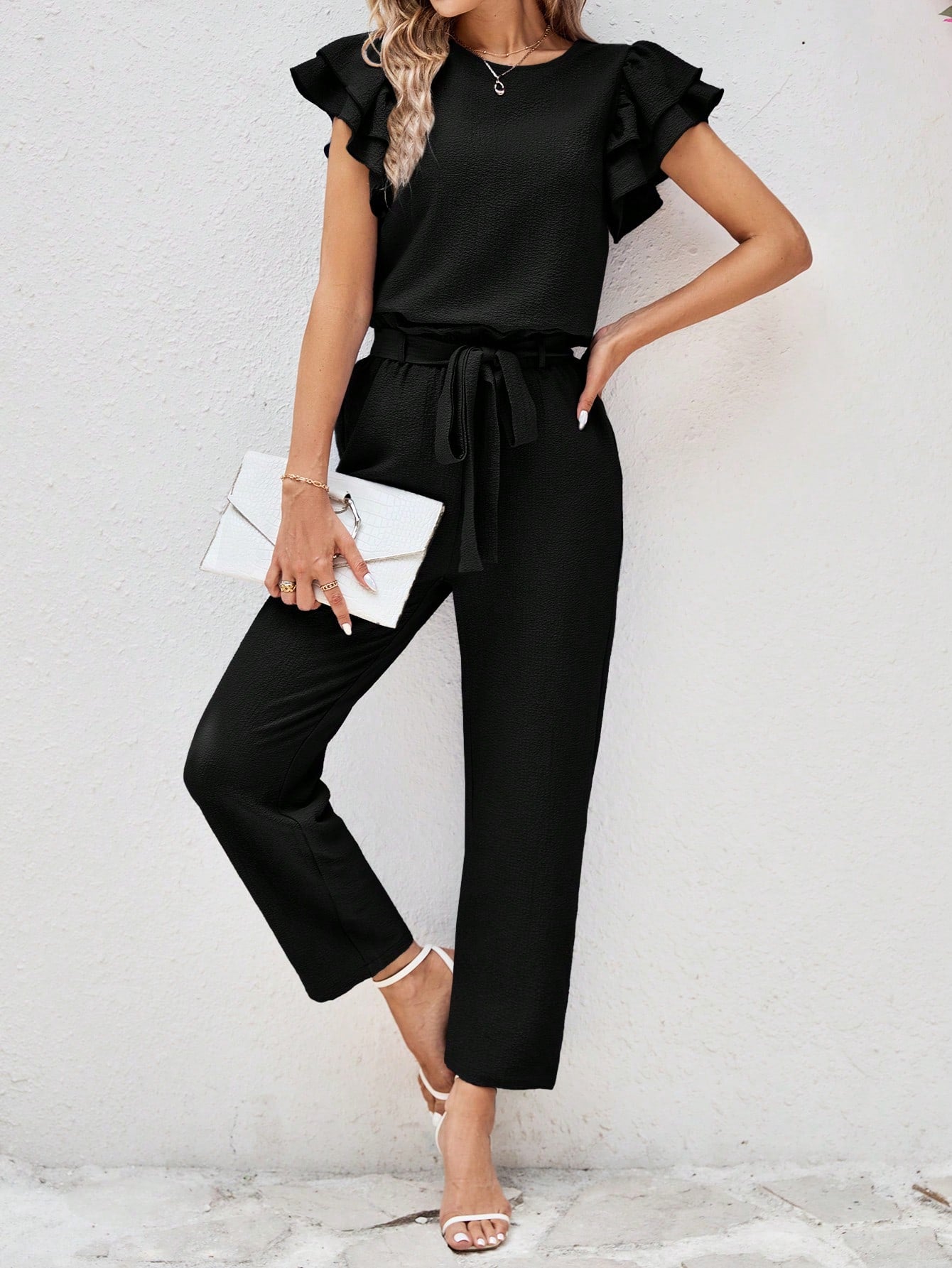 Women's Round Neck Short Sleeve Shirt With Ruffle Trim And Detachable Belted Pants, 2pcs/Set