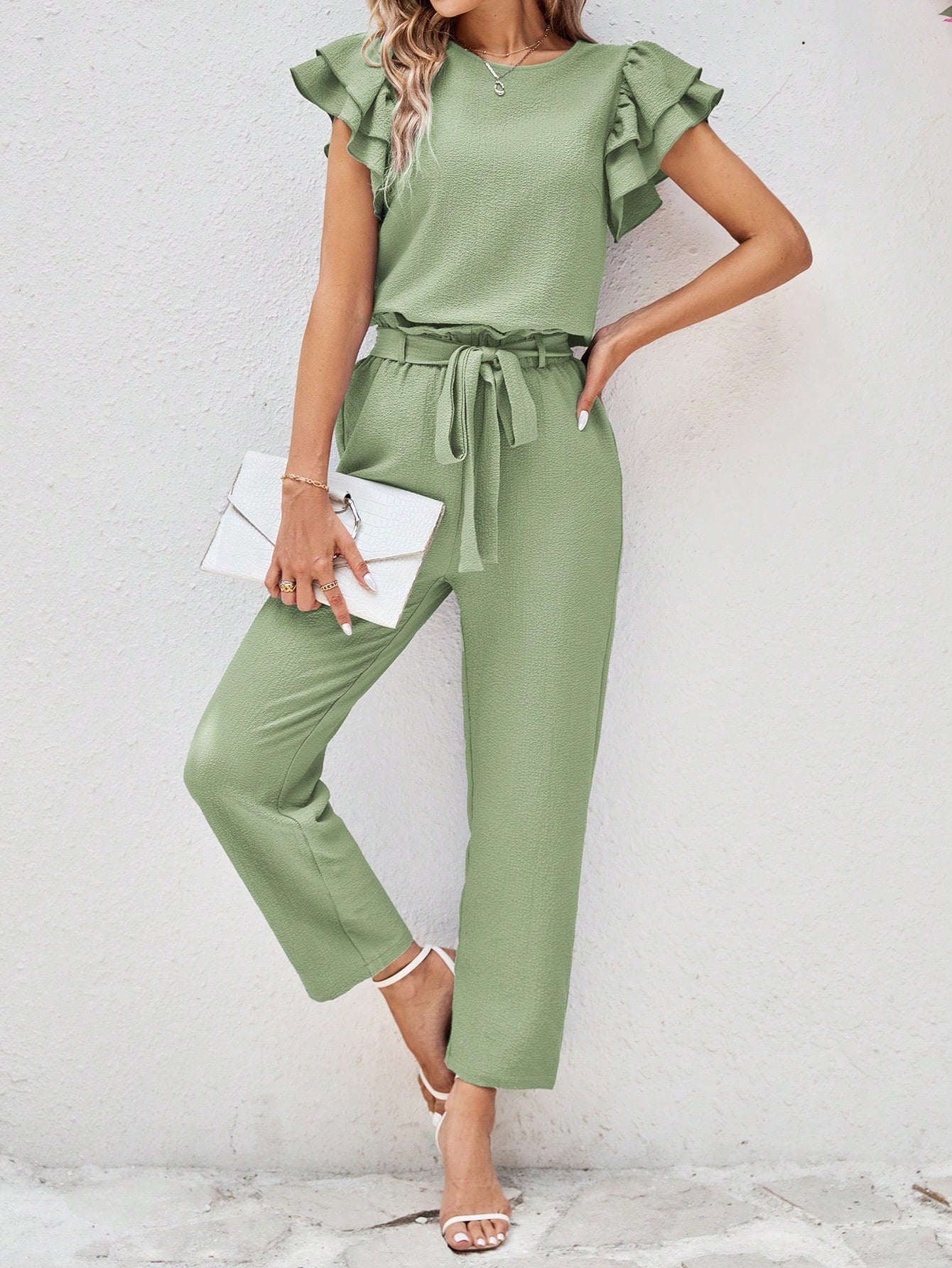 Women's Round Neck Short Sleeve Shirt With Ruffle Trim And Detachable Belted Pants, 2pcs/Set