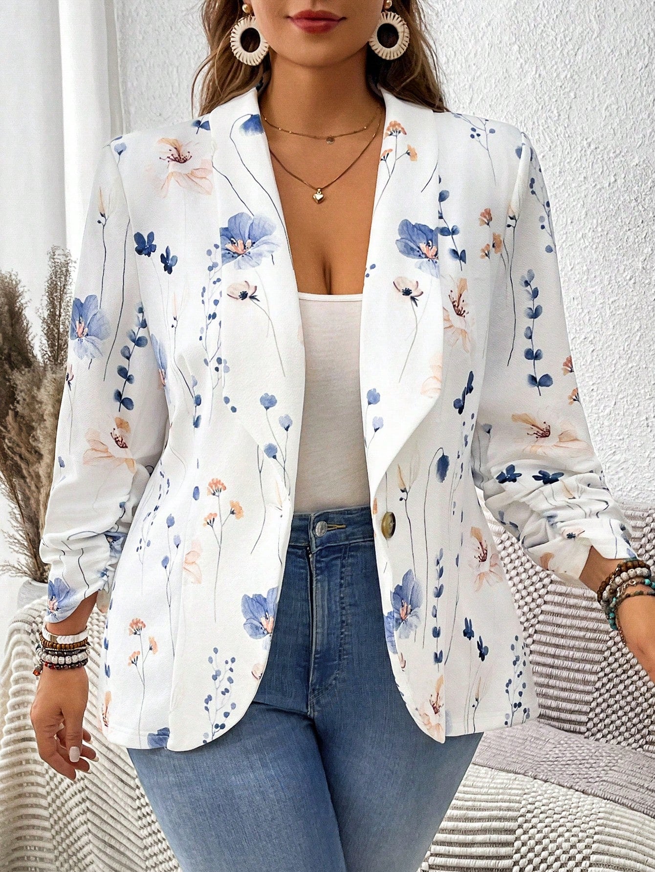 Plus Size Botanical Floral Print Daily Match Blazer Jacket