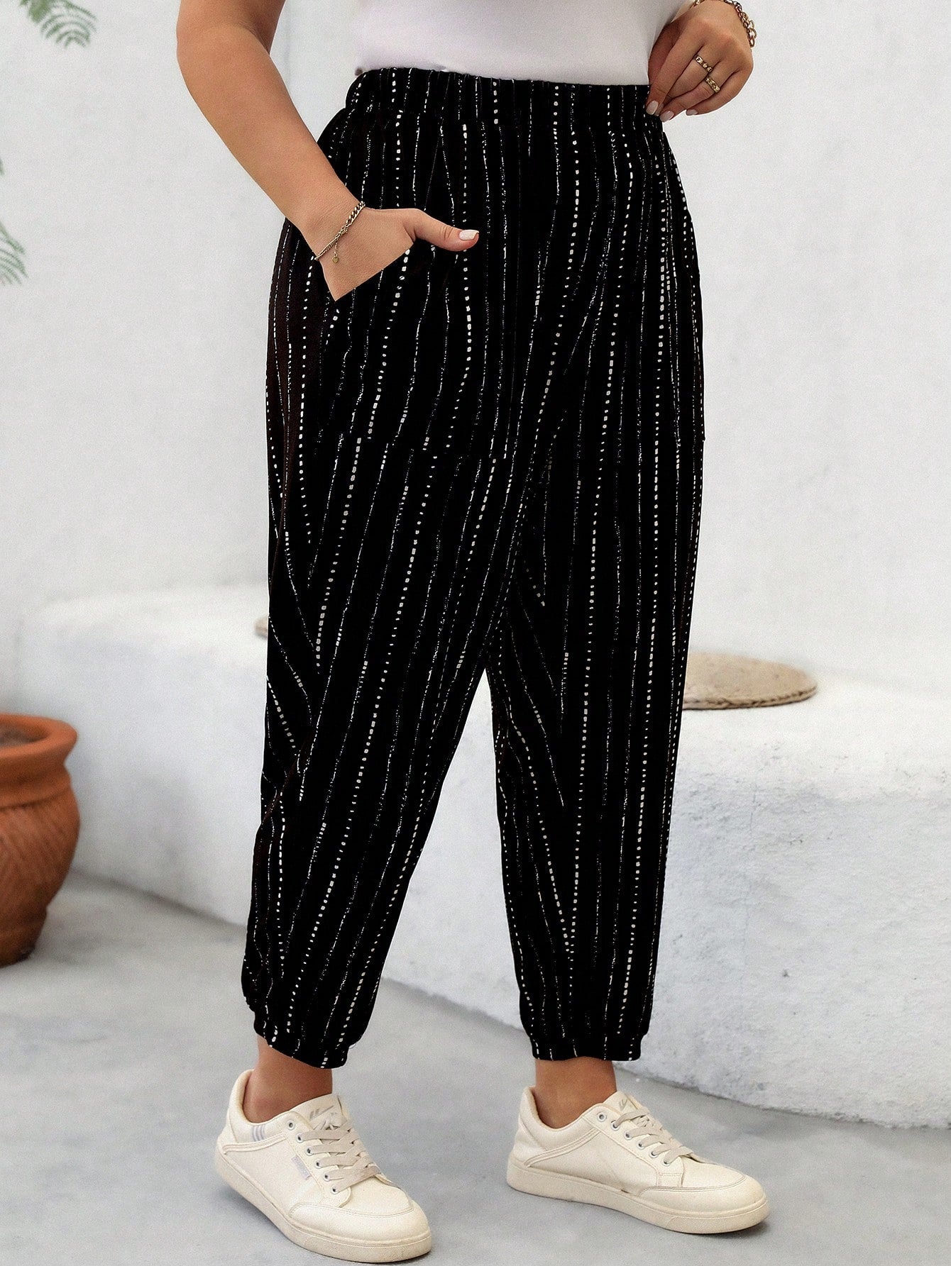 Plus Size Casual Striped Color-Blocking Jogger Pants