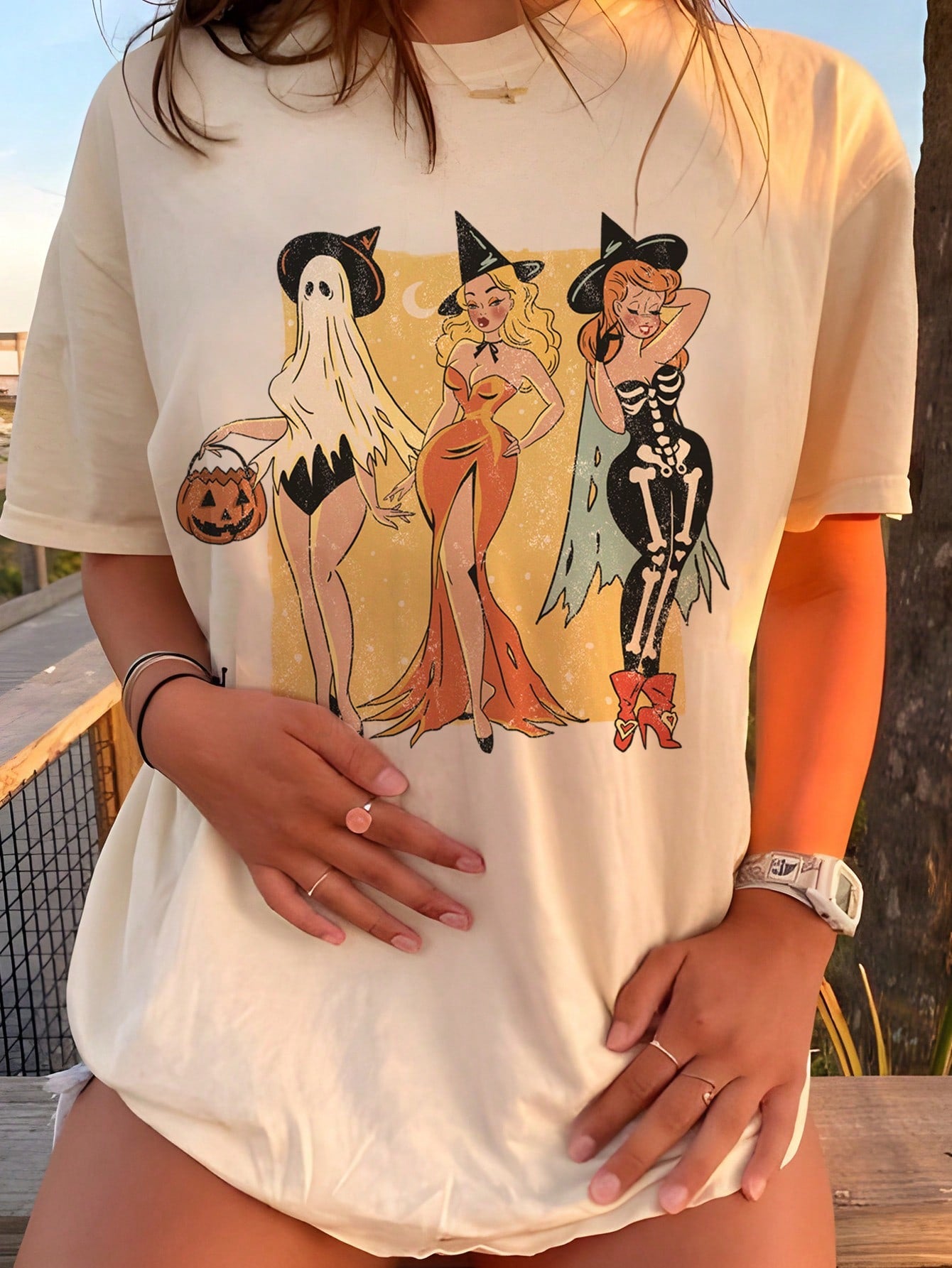 オーバーサイズ カジュアル シンプル ハロウィン グラフィックプリント ラウンドネック 半袖 バギー プラスサイズ Tシャツ