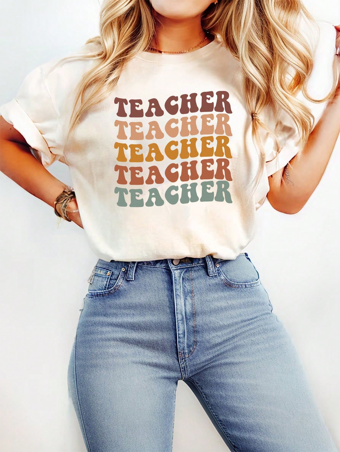 カジュアルミニマリストパターンラウンドネック半袖プラスサイズTシャツ、夏に最適、女性用 TEACHER TEACHER TEACHER TEACHER TEACHER