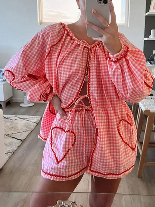 2024 Summer Highly Popular Women's Pink & White Checkered Loose Heart & Woven Bow Shirt And Shorts Cute Outfit, 2pcs/Set