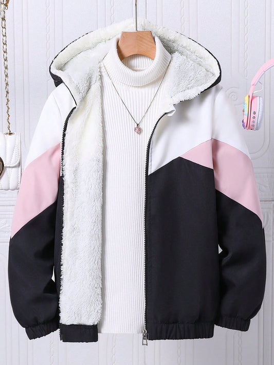 Girls' Hooded Long Sleeve Casual Daily Wear Fleece Patchwork Jacket