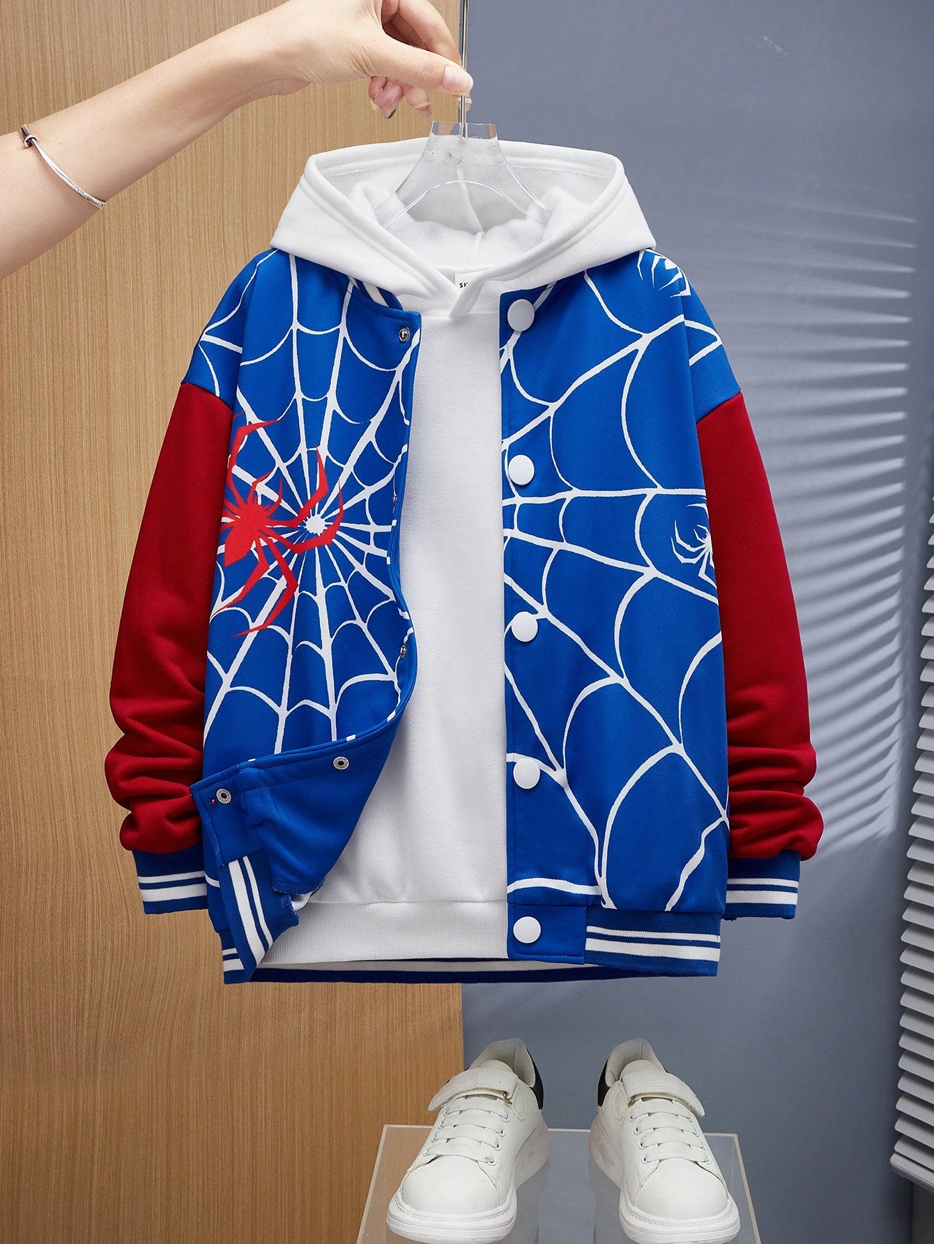 Tween Boy's Casual Spider Web Print Color Block Sleeve Flat Knit Ribbed Thick Jacket