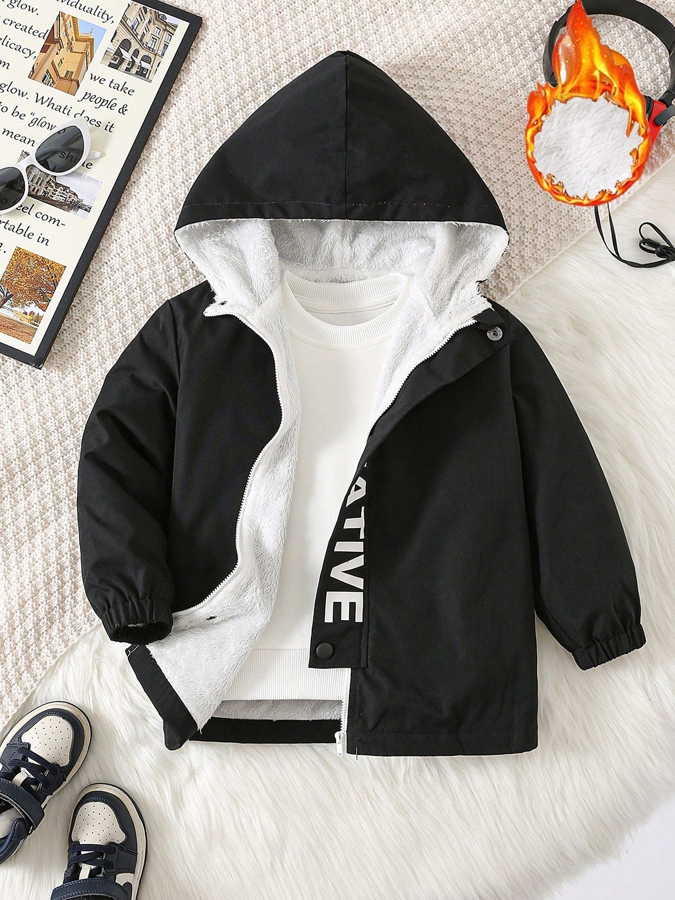 1pc Young Boys' Casual, Comfortable, Fashionable, Simple And Practical Hooded Jacket With Large Letter Print, Fleece Lined, Suitable For Daily Wear, School, Travel, Sports, Suitable For Autumn And Winter Seasons