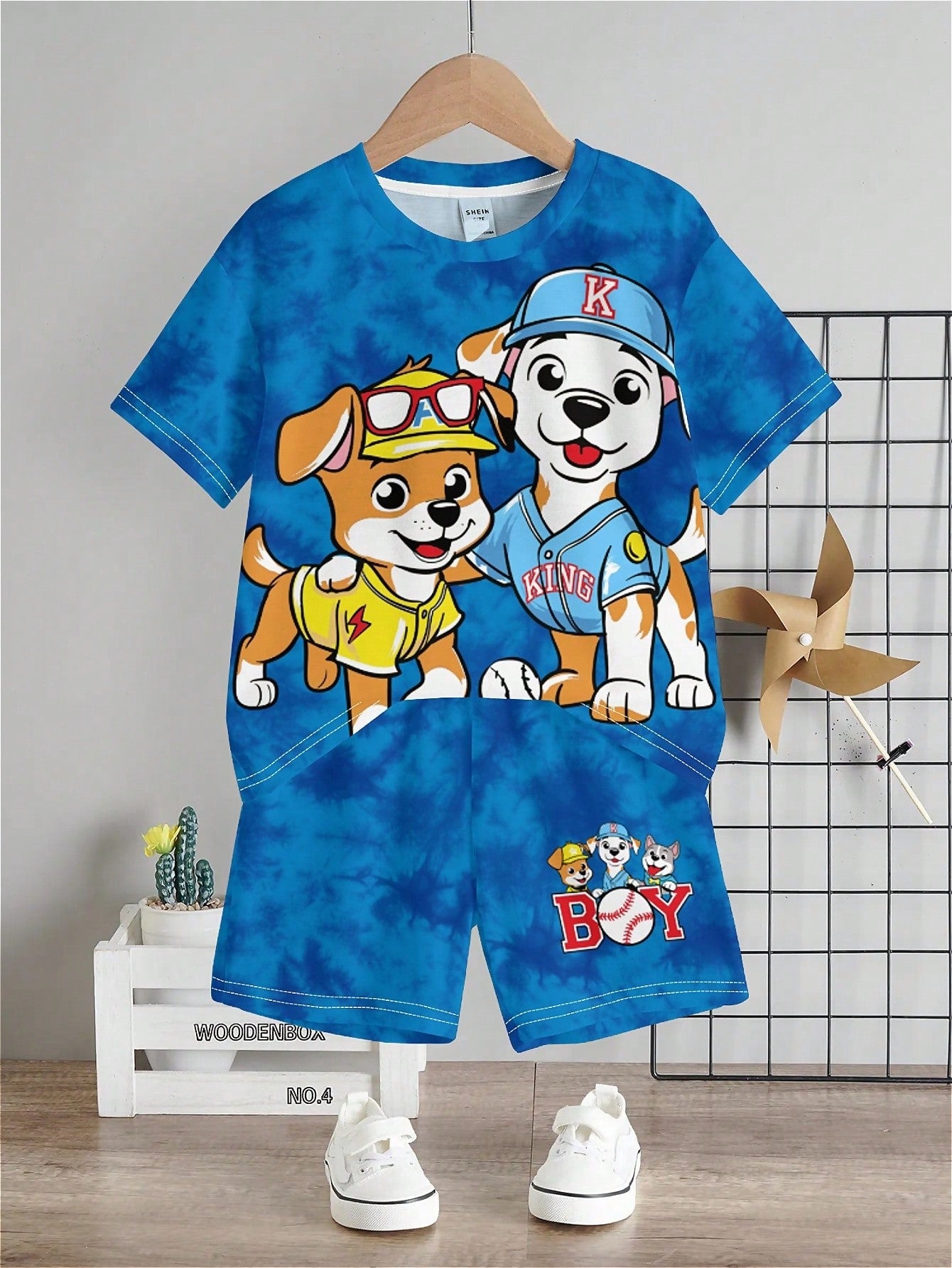 Young Boy Casual Cartoon Animal Puppy Pattern Round Neck Short Sleeve T-Shirt And Shorts Set, Suitable For Summer