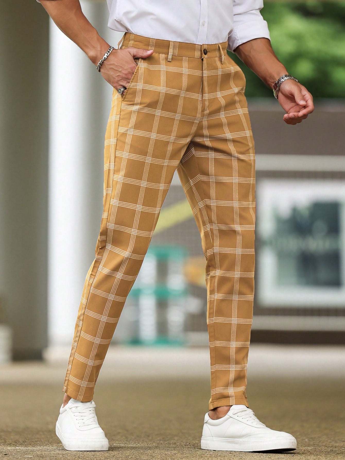 Men Plaid Straight-Legged Daily Casual Commute Suit Pants With Pockets