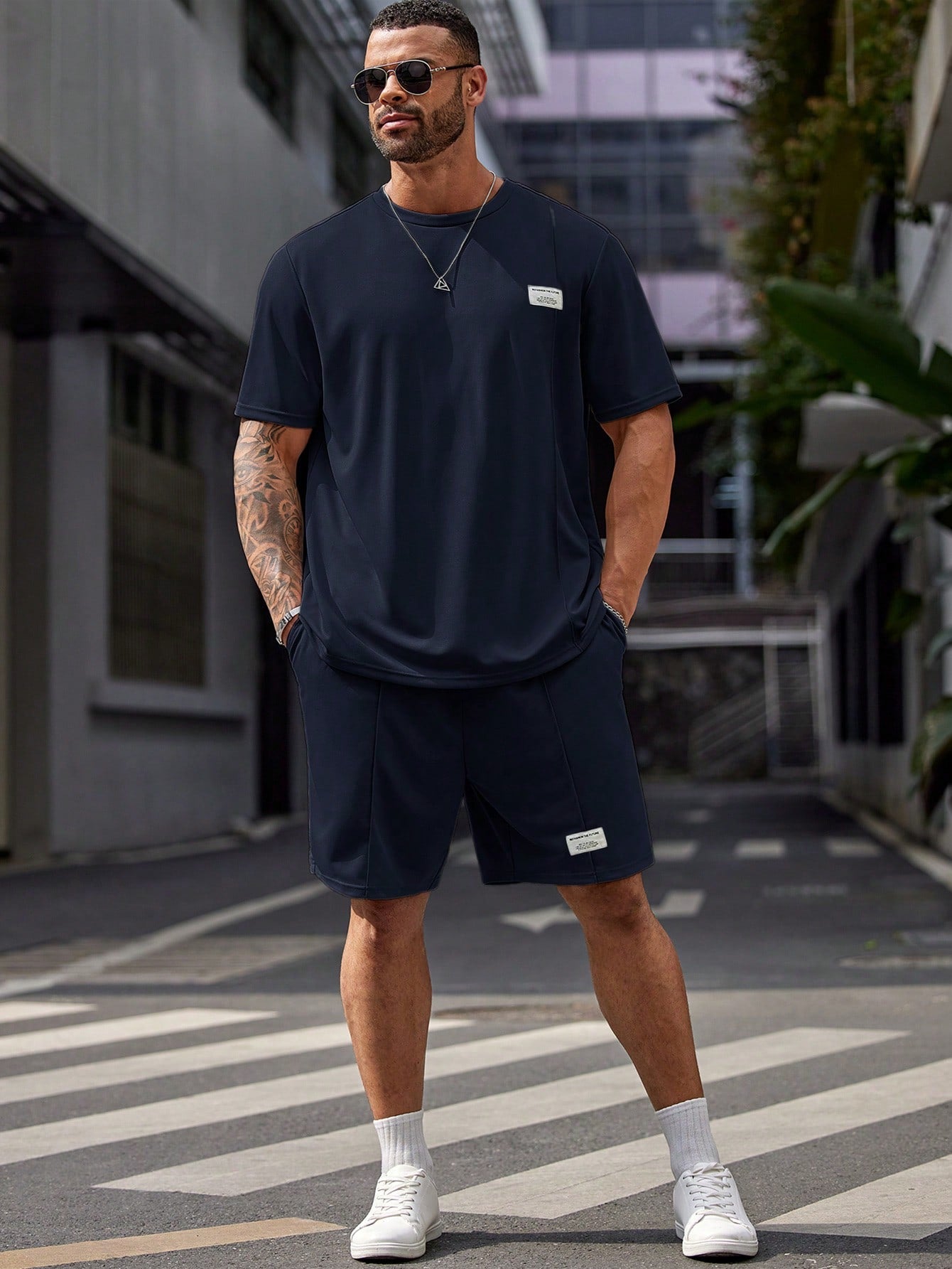 Men's Plus Size Summer Casual Fit Short Sleeve Round Neck Alphabet Logo Tee And Drawstring Waist Shorts Set