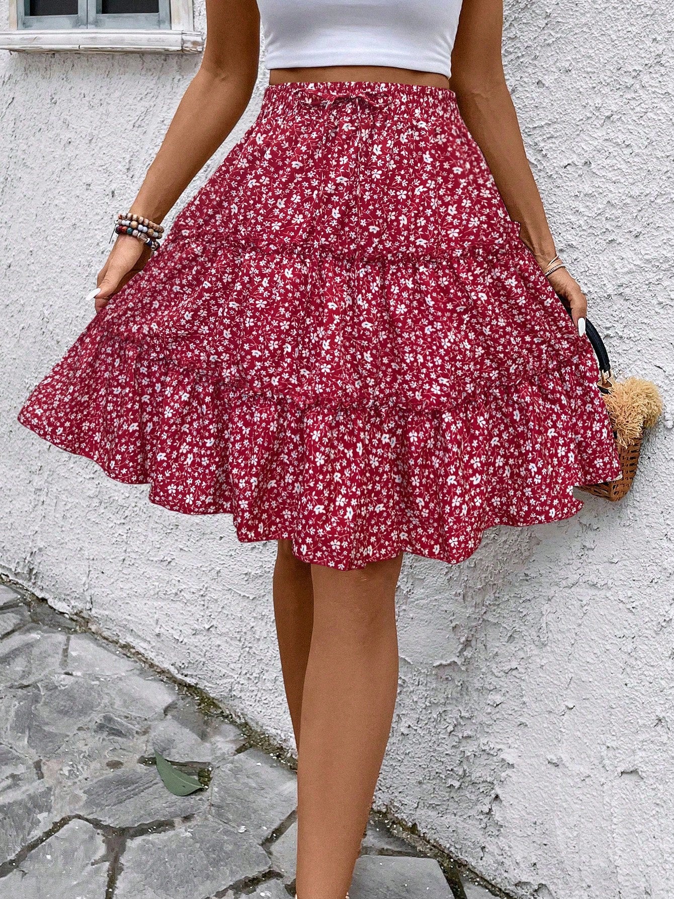 Women's Mixed Ditsy Floral Wrap Layered Ruffle Skirt