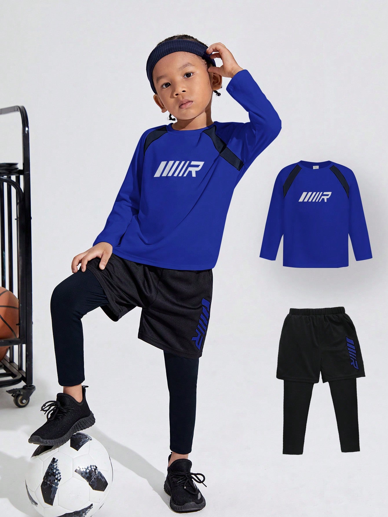 若い男の子用ルーズフィットカジュアルカラーブロックラウンドネック長袖Tシャツとロングパンツスポーツセット、2点