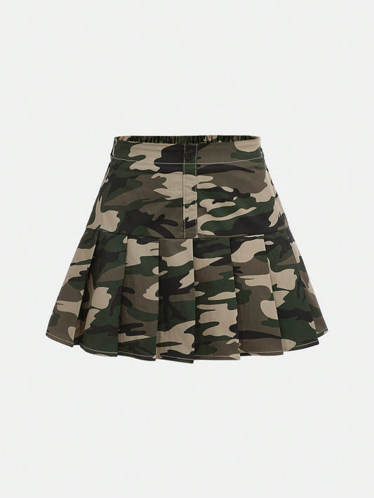 Teen Girl's Pleated Camouflage Printed Casual Skirt