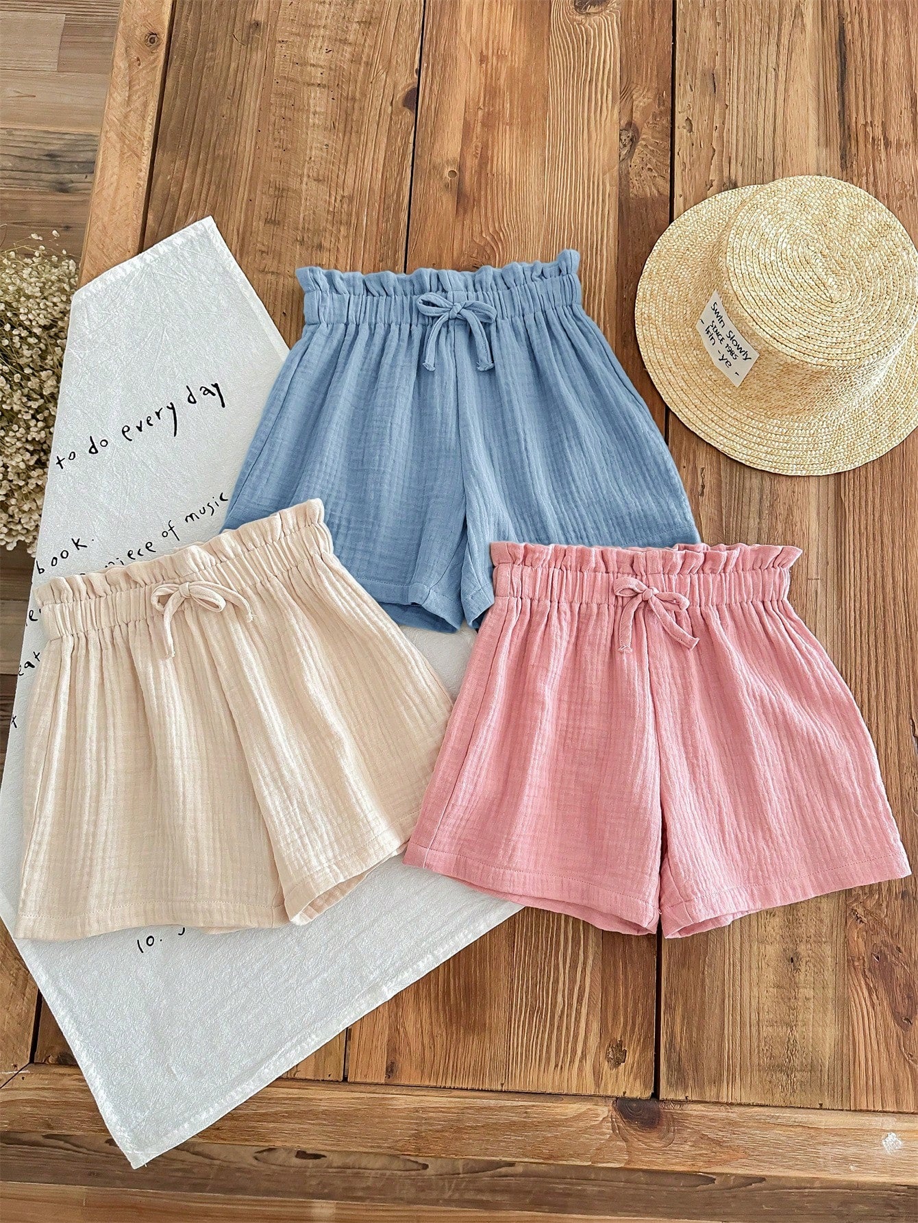 Young Girl's 3pcs Casual Summer Set: Woven Soft Dual-Layered Gauze Ruffle Shorts With Elastic Waist, Solid Color, Versatile And Breezy