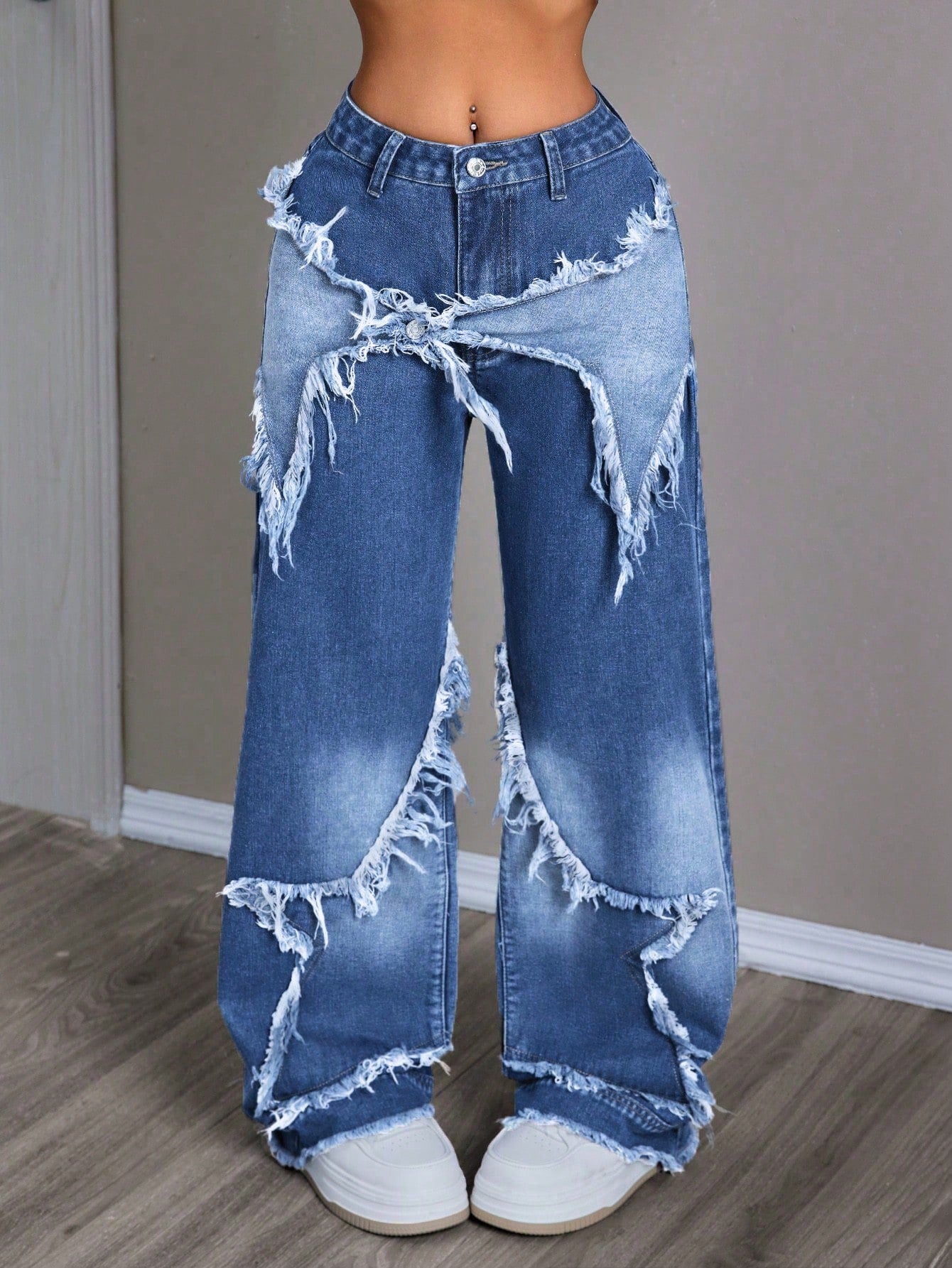 Women's Patchwork Fringe Wide Leg Loose Casual Denim Pants