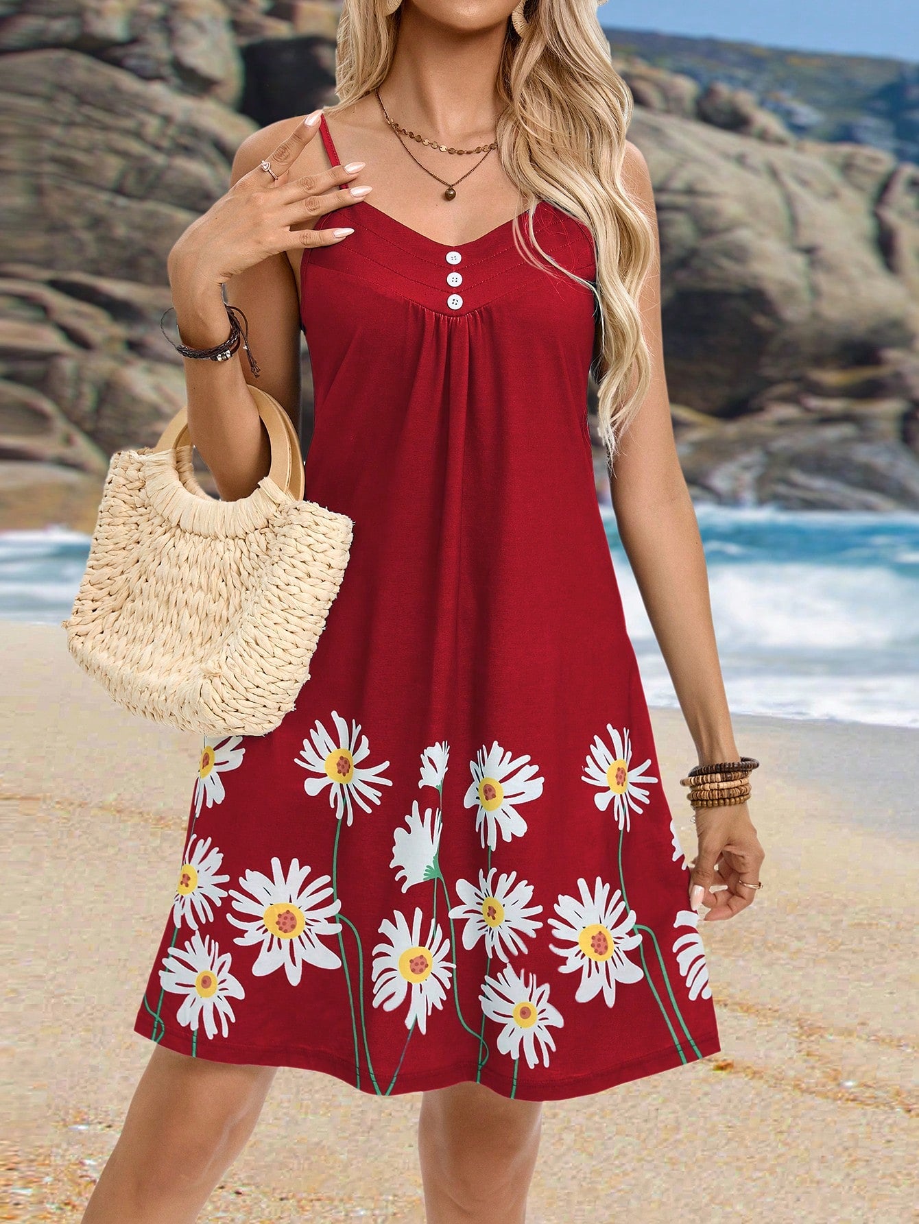 Women's Summer Vacation Beach Daisy Floral Buttoned Spaghetti Strap Sundress