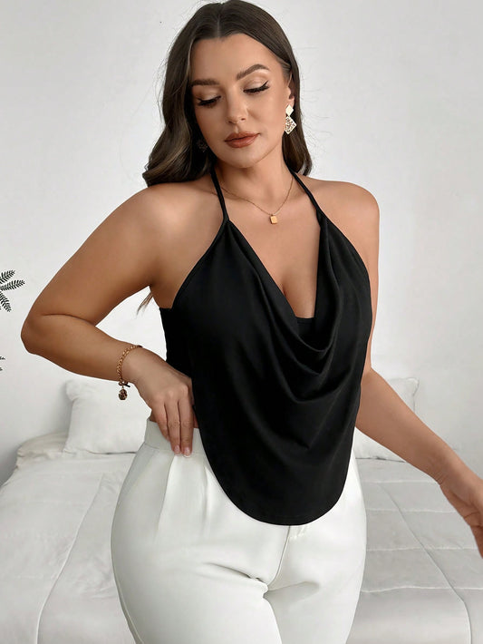 Plus Size Comfortable, Elegant, Delicate Draped Neck Tie Shoulder Black Camisole And Tank Top For Women