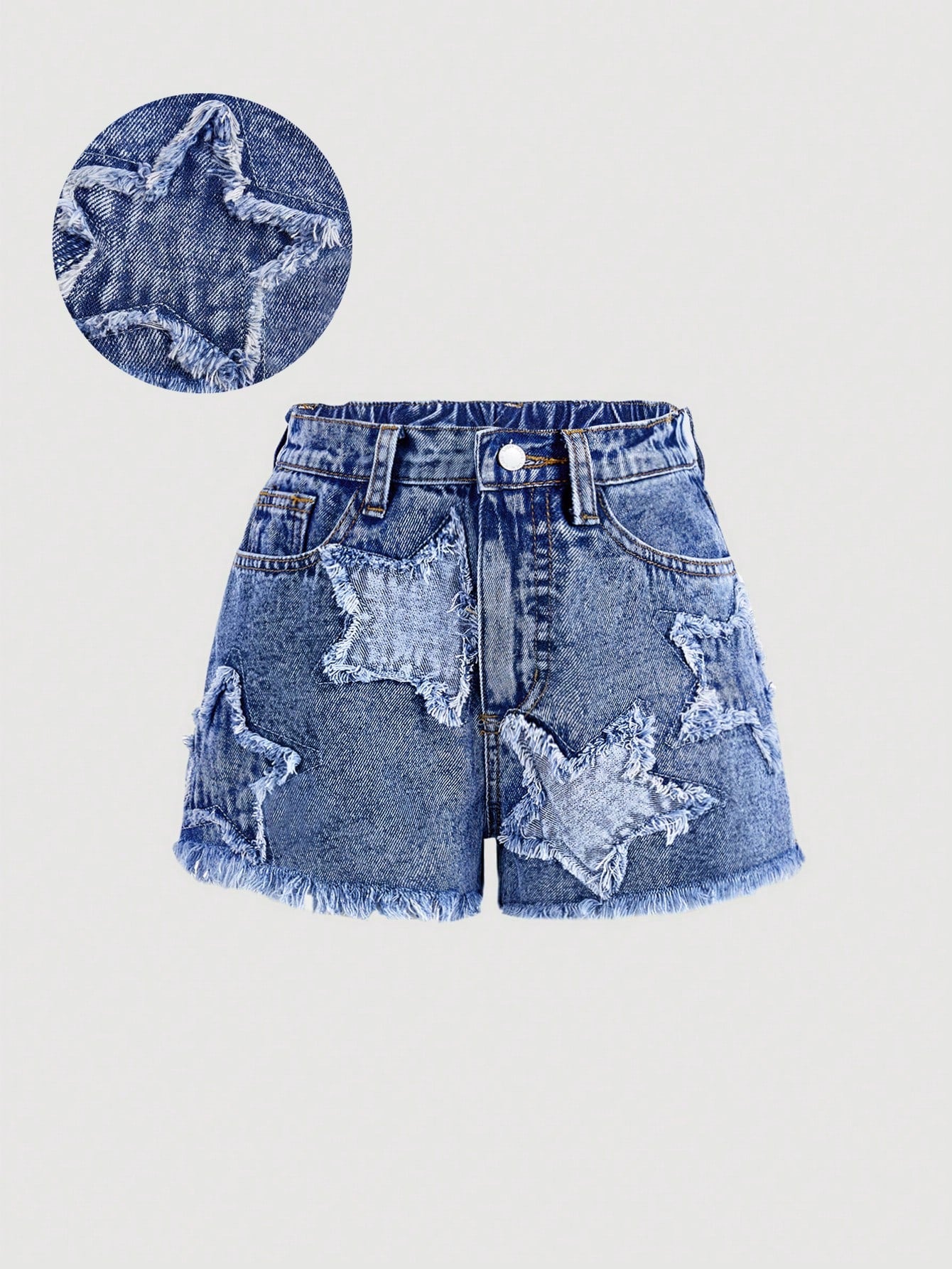 Tween Girls Y2K Trendy Stonewashed Star Embroidered Frayed Hem Baggy Denim Jeans Shorts