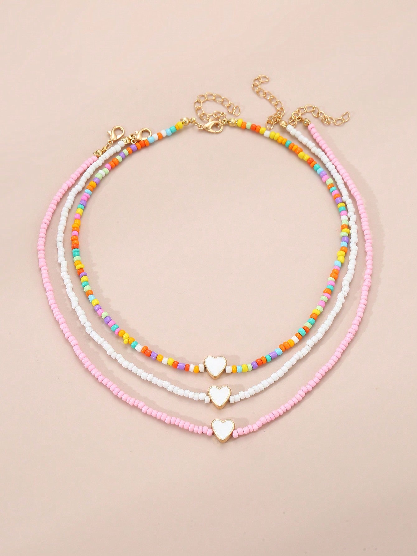 3pcs Girls' Colorful Rice Beads Heart Shaped Beaded Necklace Set