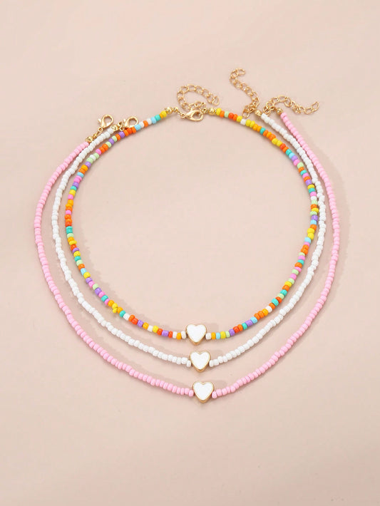 3pcs Girls' Colorful Rice Beads Heart Shaped Beaded Necklace Set